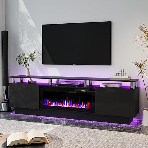 Miniatura 18 de Soporte de TV con chimenea de 36 pulgadas, soporte de TV negro de 70 pulgadas para sala de estar, moderno soporte de TV con chimenea eléctrica con