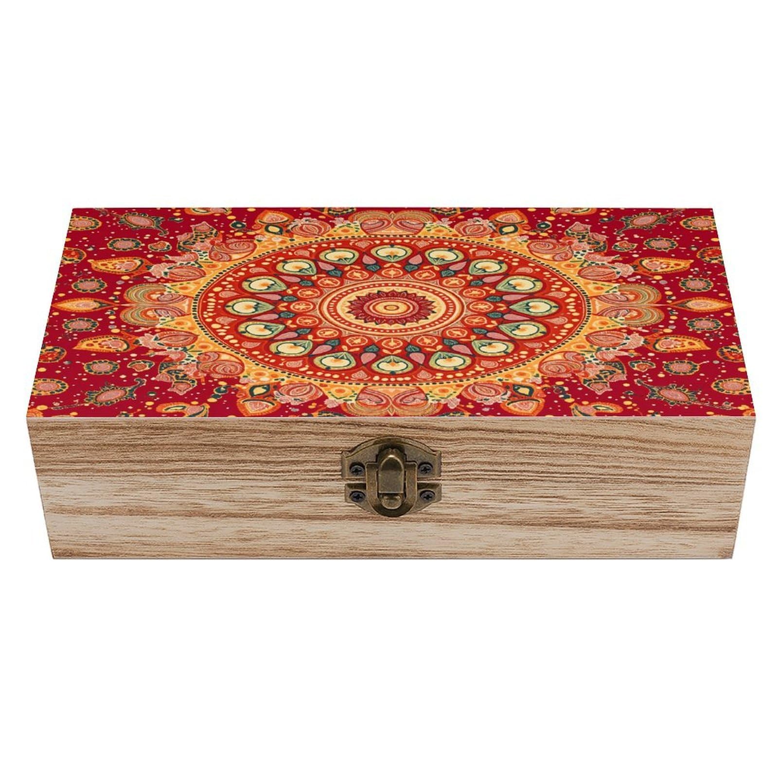 peiyeety Vibrant Bohemian Mandala Rustic Wooden Jewelry Box with Hinged Lid - Vintage Natural Wood Keepsake Trinket Storage Organizer Gift Box, 7.9×3.9×2.3 Inch