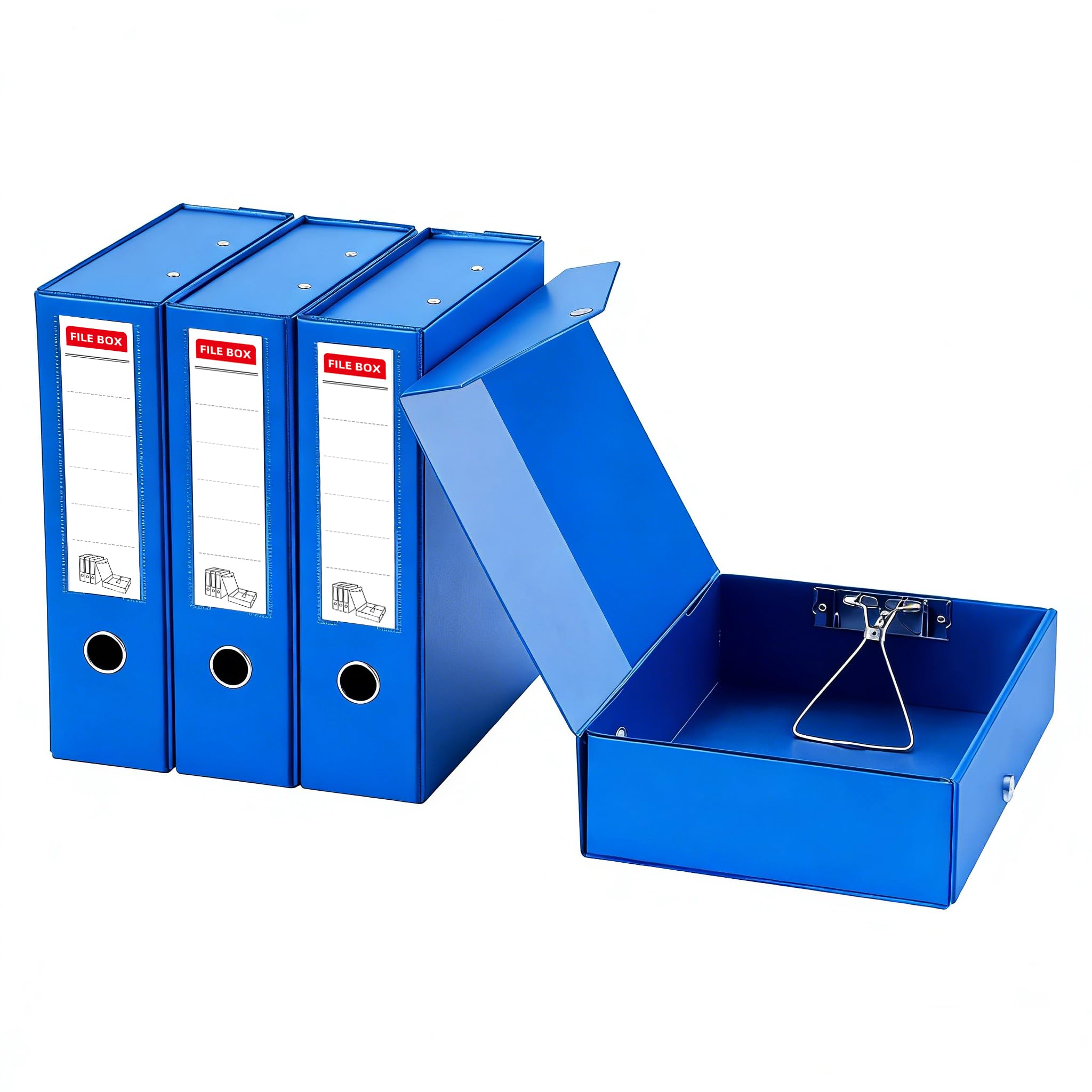 GUOKOFF Box Files A4, 4 Pack Foldable Box File with Document Clip, 88mm Spine, A4 Archive Boxes Folder with Magnetic Closure, File Organiser for Office School (Blue)