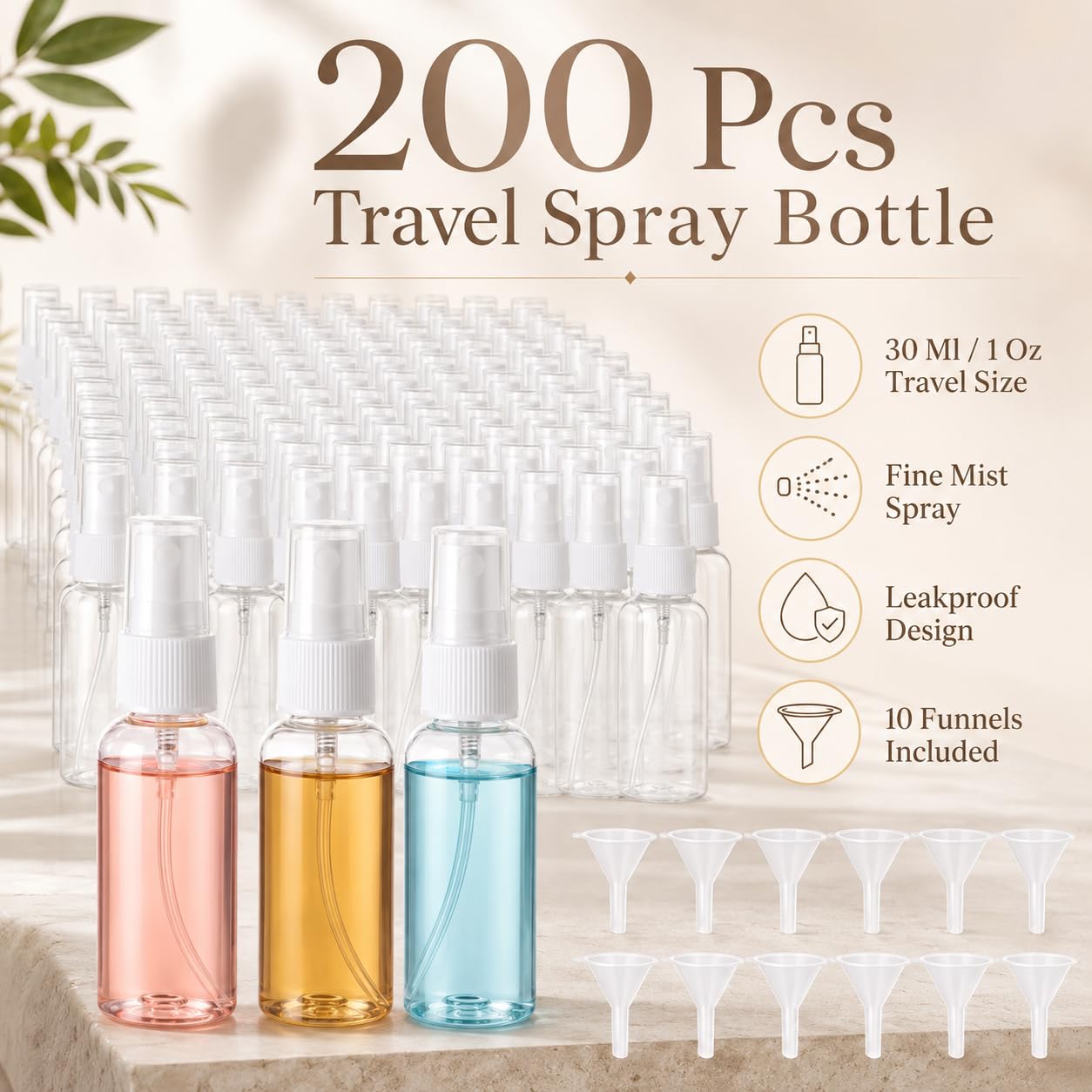 200 flaconi spray da viaggio, 30 ml, in plastica trasparente, mini flaconi spray per profumi e cosmetici, formato da viaggio con 10 imbuti, comodi ricaricabili, design a prova di perdite
