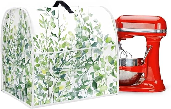 Green Leaves Mixer Cover Stand Dust Proof Covers with Handle and Front Pockets Kitchen Aid Mixer Cover for 6-8 Qt Mixer,Kitchen Coffee Maker Toaster Machine Dust Cover