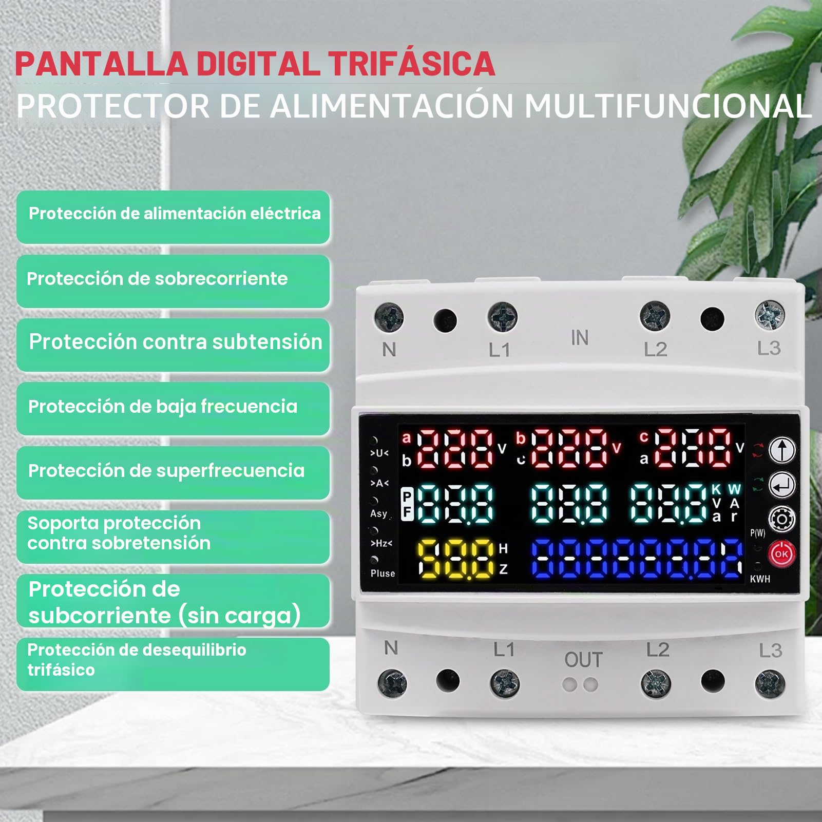 Jadeshay Medidor de Consumo Electrico,100A 230V Medidor de Energía Trifásico Digital Tiempo Real Medición del Consumo de Voltaje Corriente con Protección Contra Sobretensión Subtensión Sobrecorriente