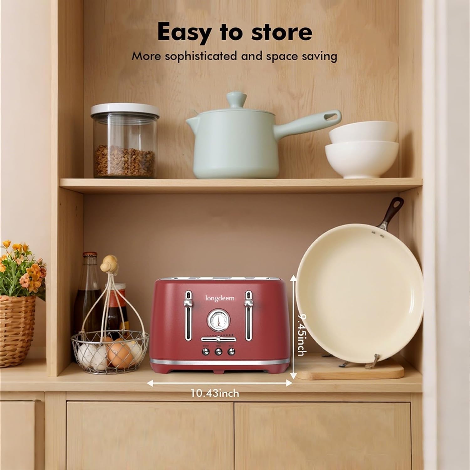 LONGDEEM 4 Slice Retro Stainless Steel Toaster – Extra Wide 1.6” Slots, 6 Browning Levels, Bagel & Defrost Functions, Removable Crumb Trays, Cool Touch, Countertop Toaster for Small Spaces, Red