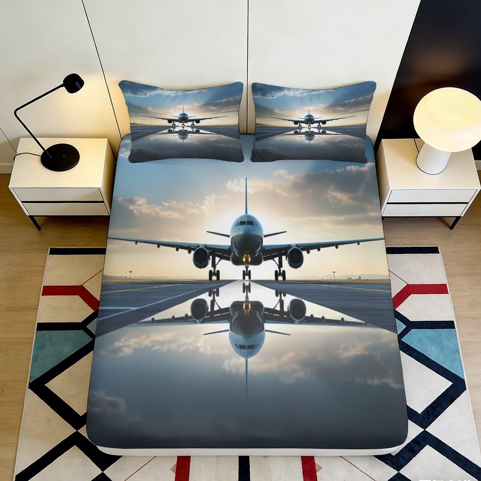 3D Printed Airplane Runway Fitted Sheet Microfiber Soft Breathable Sunset Sky Bed Cover for Bedroom Guest Room Decor 90x200x25cm