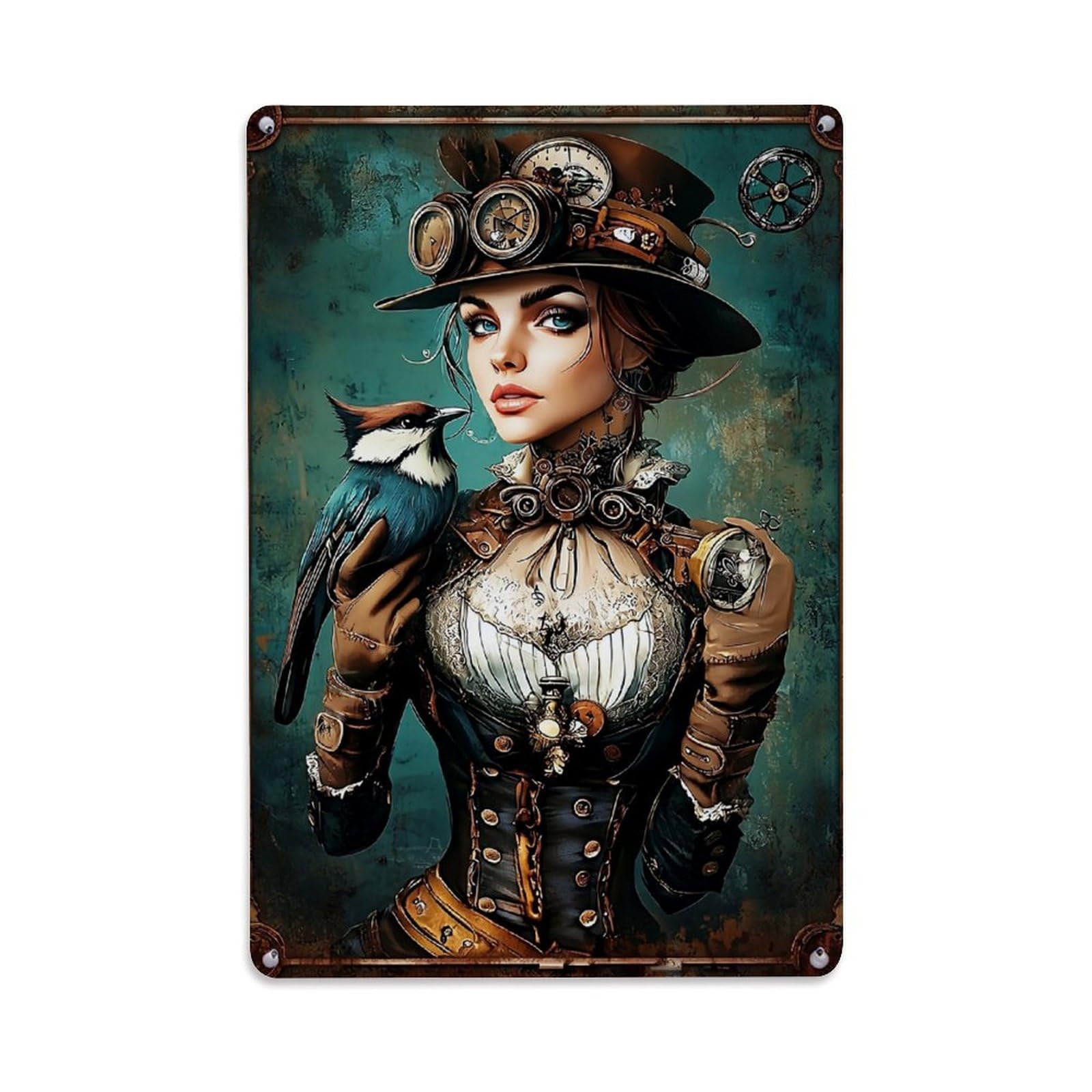 Steampunk Woman With Bird Hat Retro Metal Tin Sign, Vintage Decor Art Poster for Bar, Home, Man Cave, Kitchen, Laundry Room Gift 8x12Inch