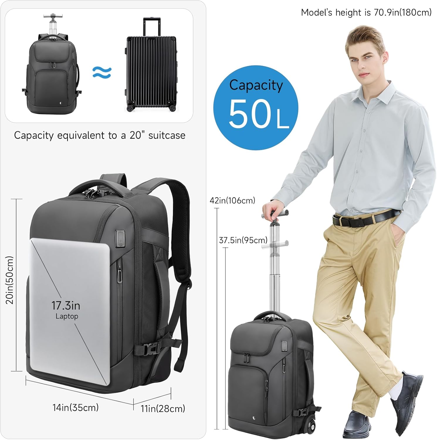 Rolling Backpack,17inch Laptop Backpack with Wheels,Water Resistant Carry on Luggage with USB C Ports, Wheeled Backpack Suitcase for Men Women Adults to Travel