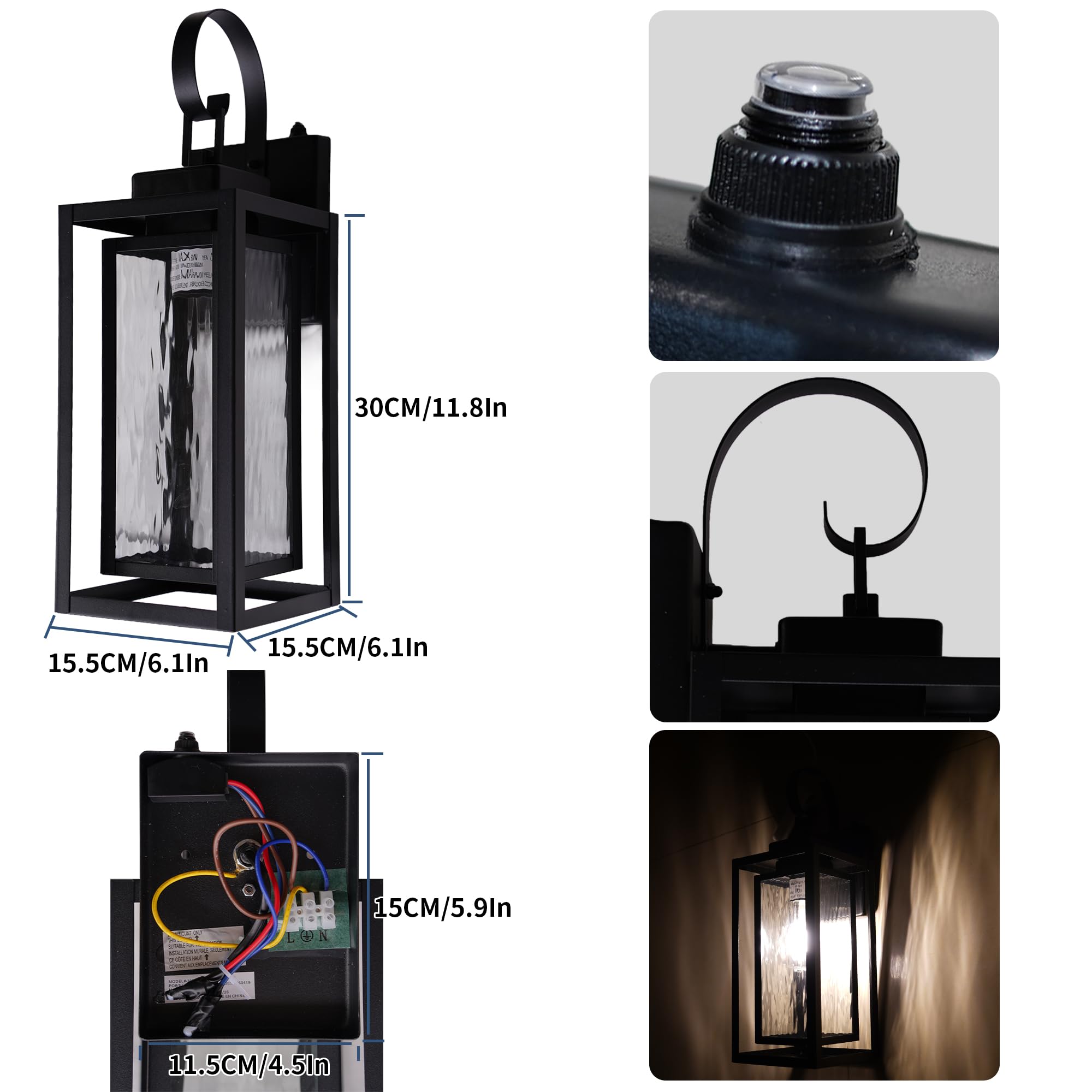 Außenlampe Wand mit Dämmerungsschalter,Außenwandleuchten mit Gewelltem Glas und Lichtsensor,E27 Schwarze wasserdicht Aussenlampe Wand für Eingangsbereich(Glühbirnen nicht enthalten)