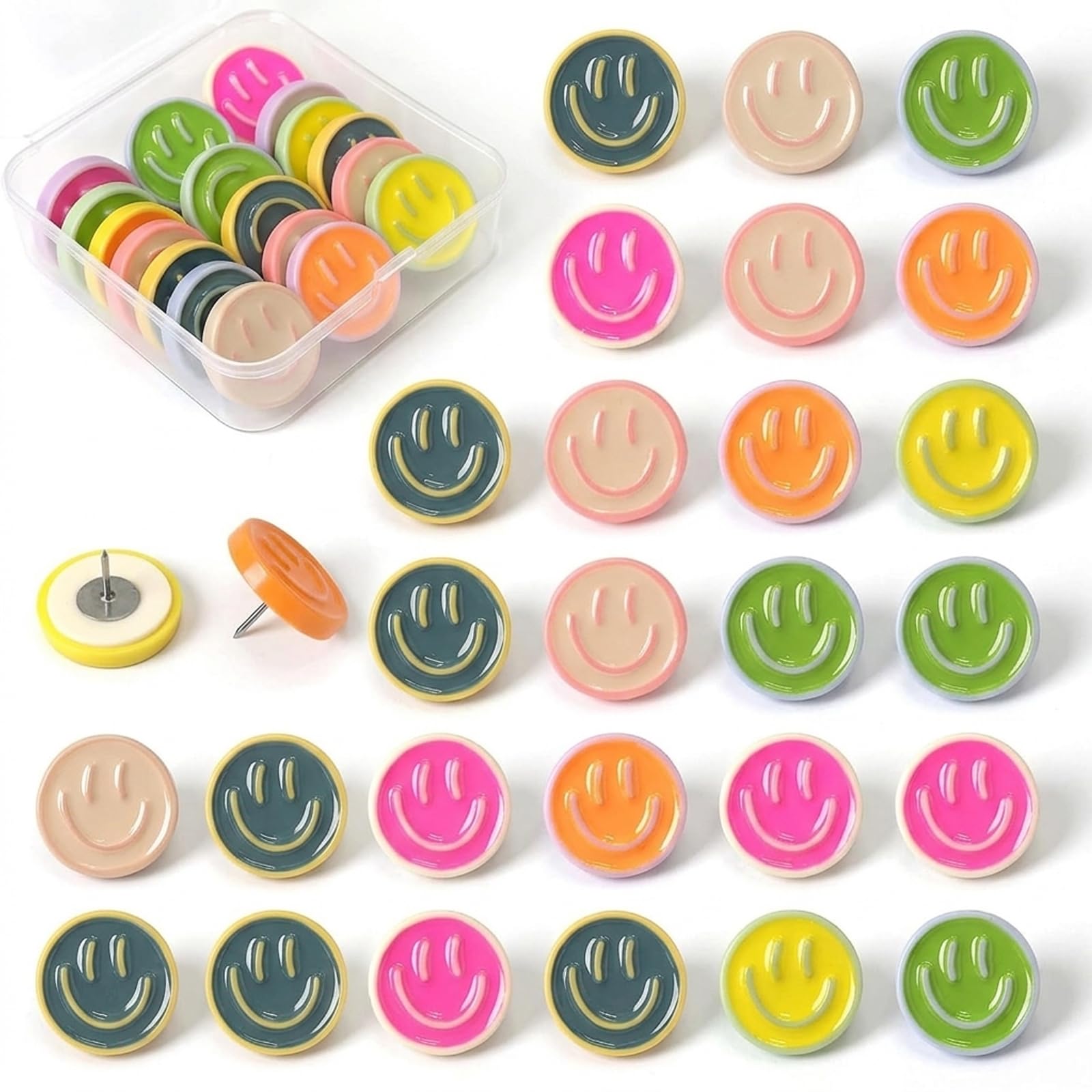 30 Pack Smiley Face Push Pins – Notice Board Pins Push Pins for Cork Board, Suitable for Images, Paper, Artwork, Documents, and Notes