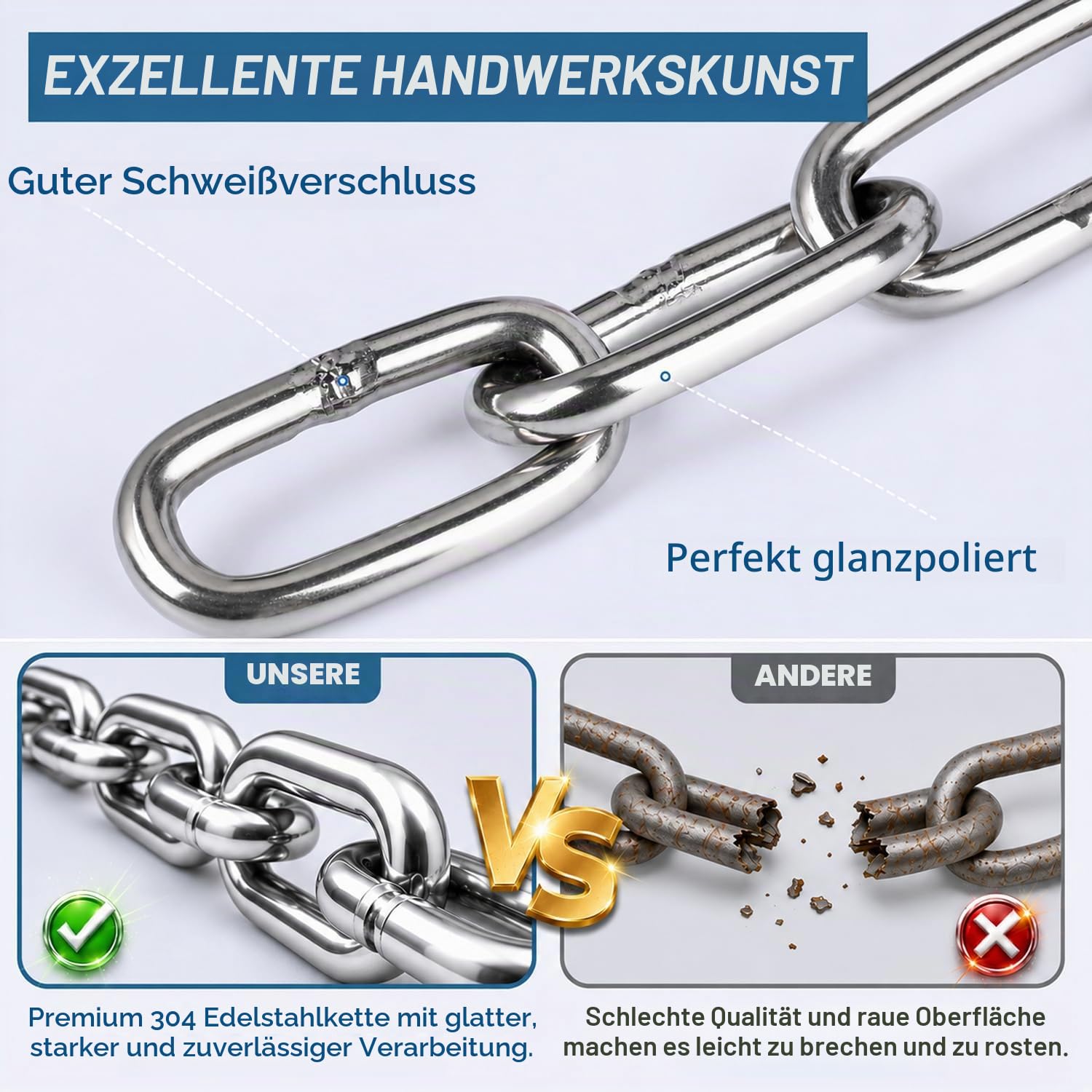 Edelstahl Ketten, 5m 5mm Starke Edelstahlkette Baumarkt in Vielen Längen und Stärken bis 350Kg belastbar für Hundekette, Kette Hängesessel, Absperrketten, Kette Zum Aufhängen, Lampenkette