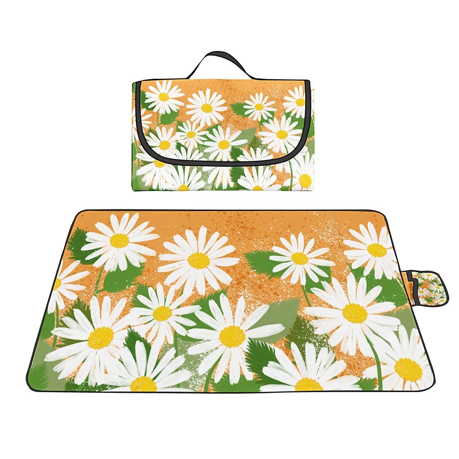 Manta Picnic Impermeable 150x200cm,Lavable Picnic Blanket,Ultrasónica Mantel Picnic,con Mango Multifunción para Acampar Playa Parque de Senderismo,Flores de Margarita Blanca