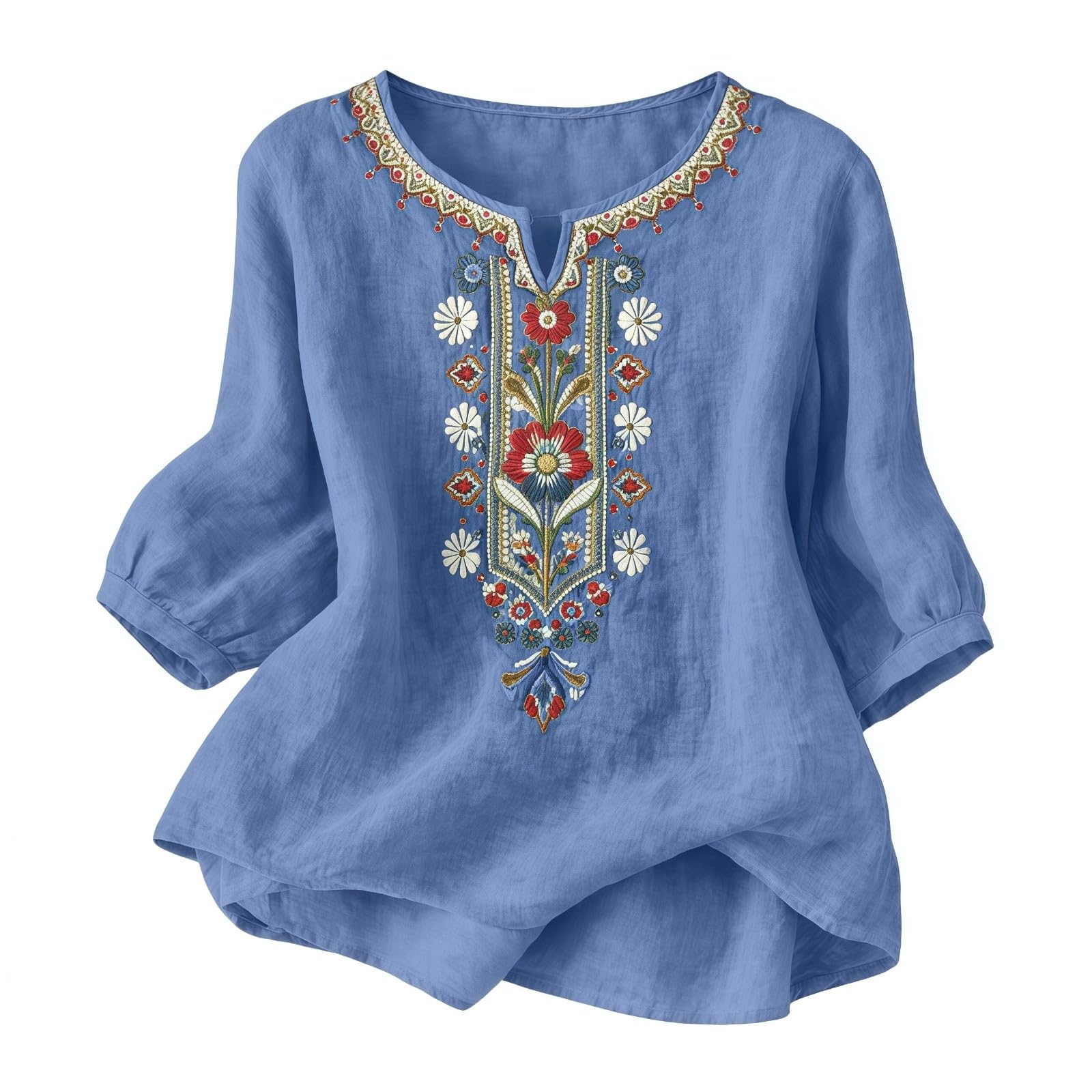 riou Camicie Donna Manica 3/4 Cotone e Lino Primavera Scollo a V Casual T-Shirt Vintage Ricamo Maglietta Donna Moda Casual Elegante Sciolto Party Top T-Shirt Originale Ufficio Business