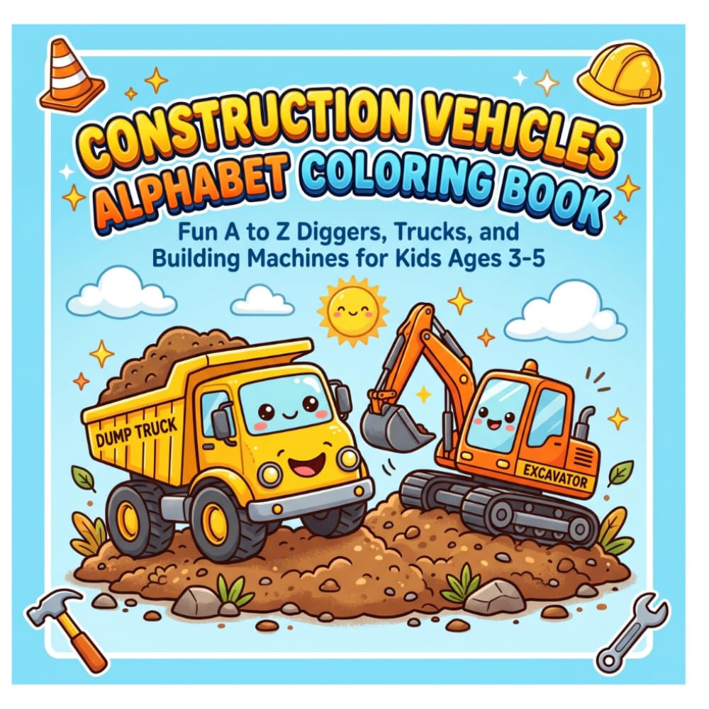 Construction Vehicles Alphabet Coloring Book: Fun A to Z Diggers, Trucks, and Building Machines for Kids Ages 3-5