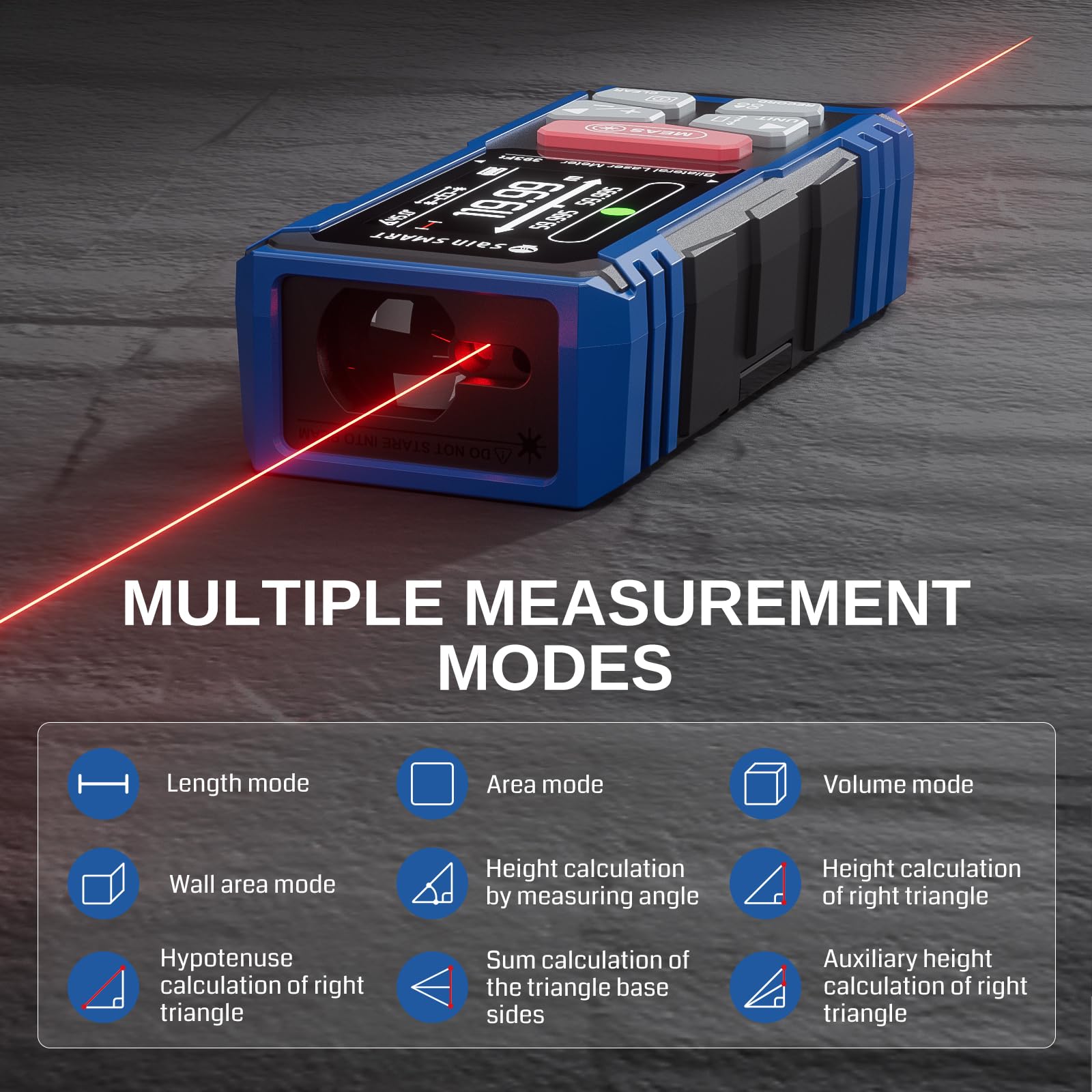 Strumento di misurazione laser doppio SainSmart, misuratore di distanza bilaterale ricaricabile da 120 metri con LCD retroilluminato, sensore di lunghezza/area/volume/angolo