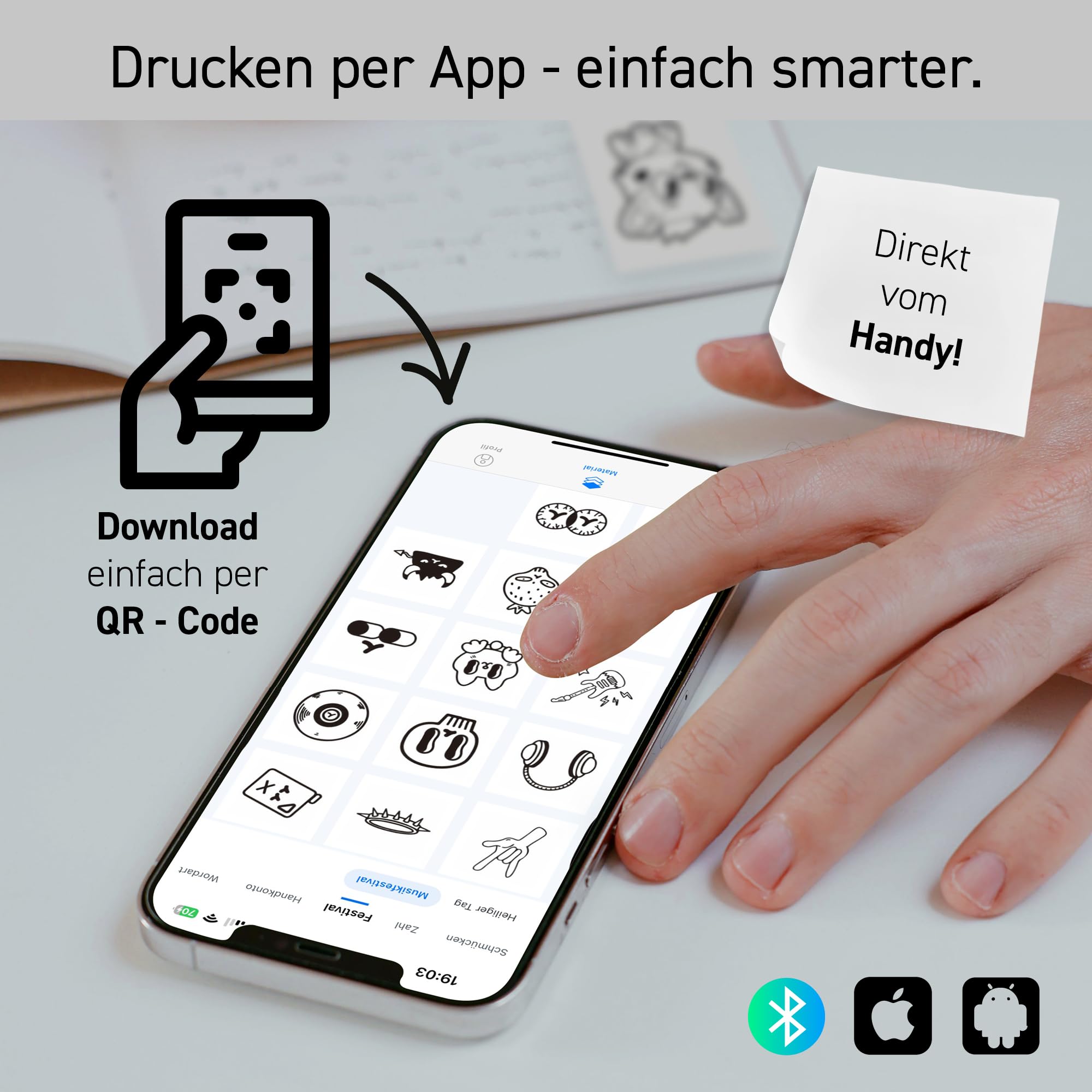 Mini Drucker Thermodrucker – Komplett-Set mit 4 Rollen, Kabel & Netzteil – Bluetooth für iOS & Android – Tintenfrei, sofort startklar – Designed in Germany