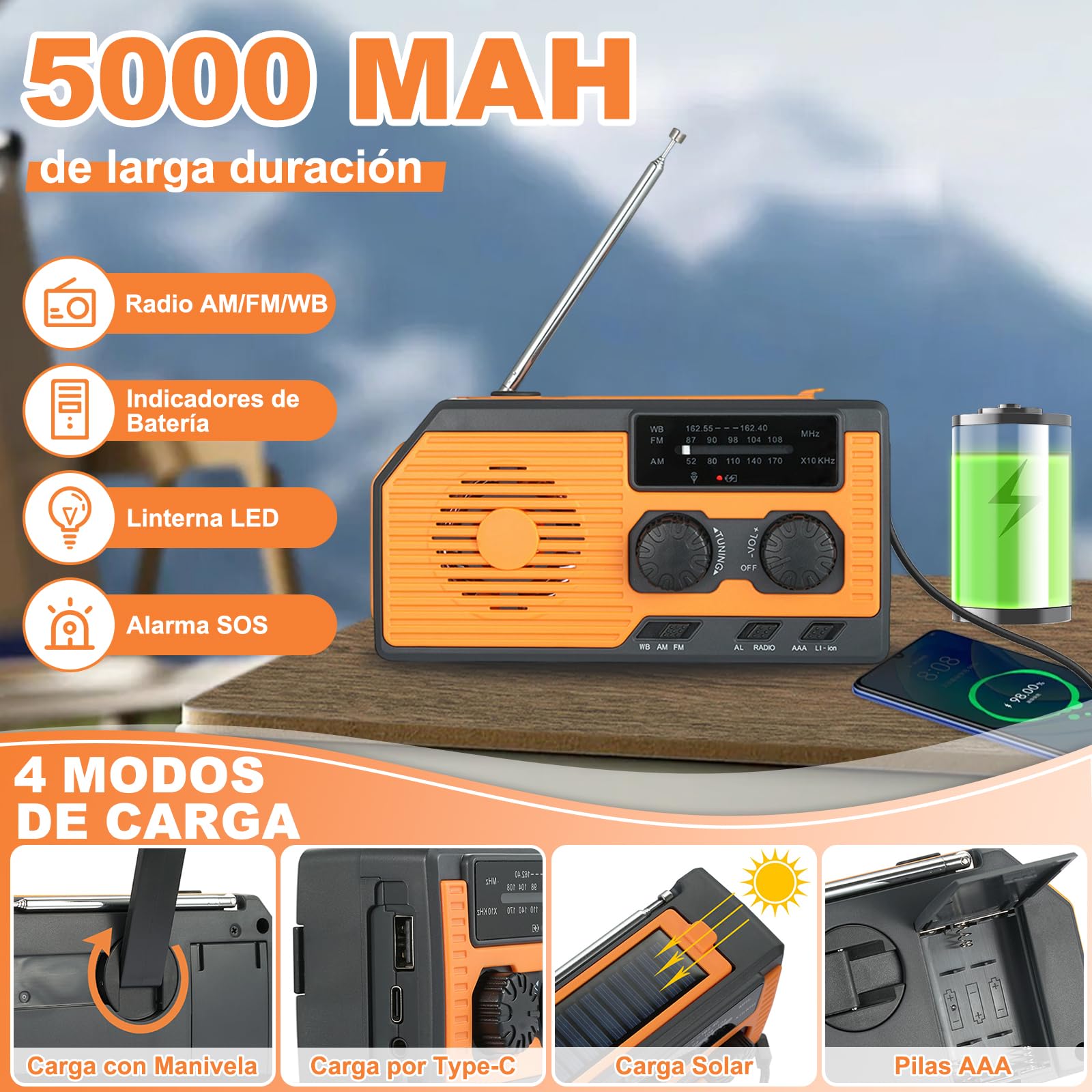 Radio de Emergencia de 5000 mAh, Radio Multifuncional con Manivela Am/FM/WB NOAA, Linterna LED y Power Bank para Camping y Senderismo