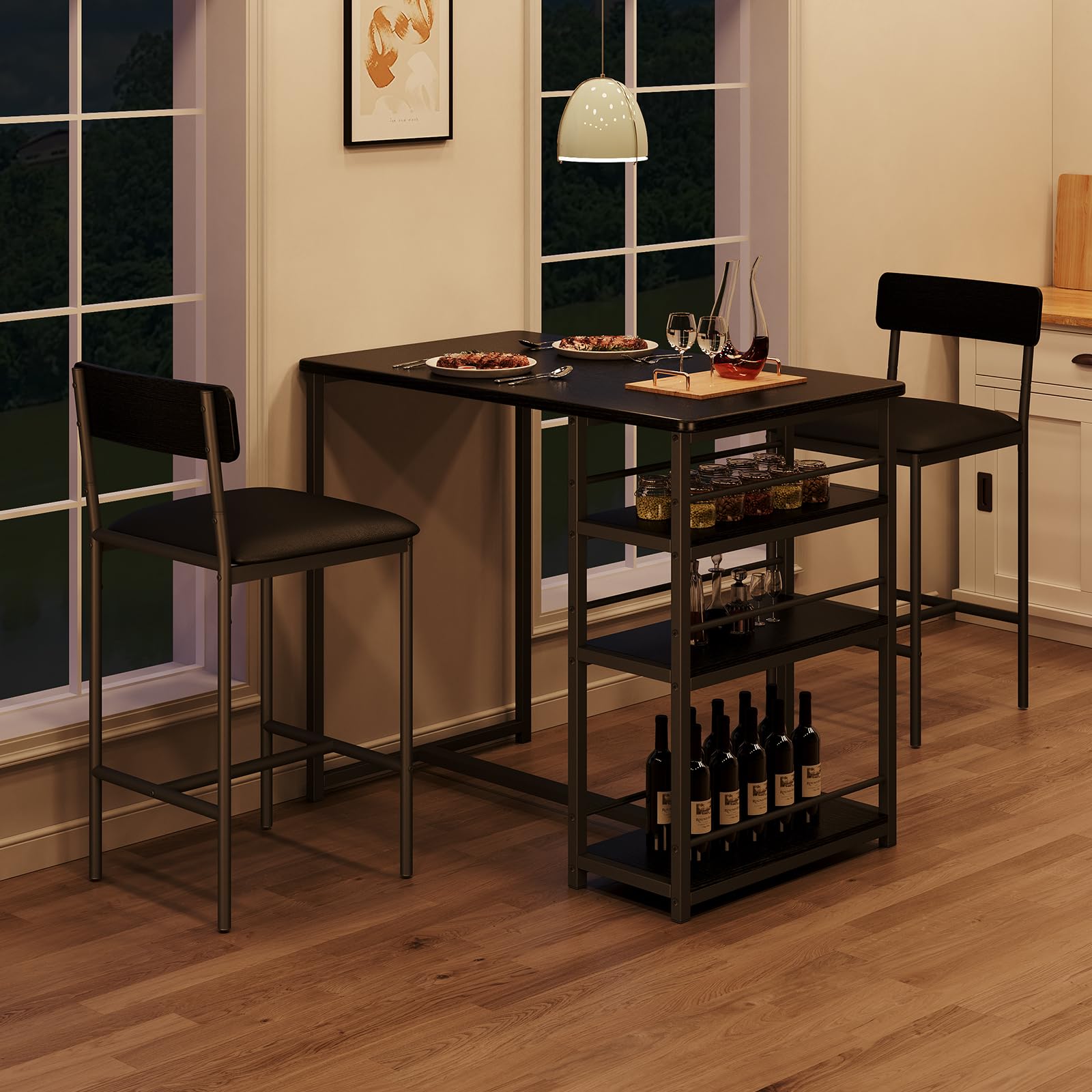 Set Tavolo da Bar con 2 Sgabelli Imbottiti e Tavolo Alto con 3 Ripiani di Stoccaggio, Set Tavolo da Cucina Salvaspazio per Piccoli Spazi, Tavolo da Pranzo per Casa, Bistrò e Monolocale, Nero