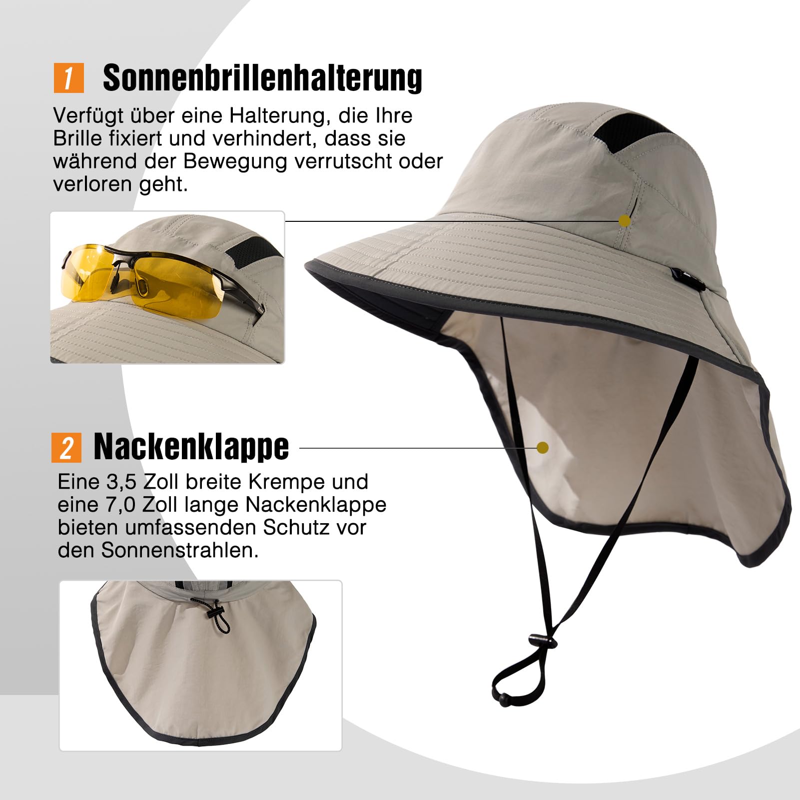 TOP-EX XL/XXL Unisex Sombrero de sol para hombre de ala ancha Sombrero de protección solar con protección para el cuello Soporte para gafas de sol al aire libre Safari Sombrero de verano impermeable y