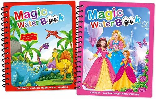 Magic Water Book for Kids, Reusable Watercolour Painting Book with Refillable Water Brush Pen, Princess Theme, Early Educational Doodling Toy (Dinosaur)