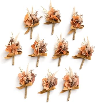 Lings Moment Boutonniere for Men, 10pcs Groomsmen Guest Boutonniere, Artificial Flowers for Wedding Decor/Prom/Homecoming,etc.Boho Dried Burnt Orange