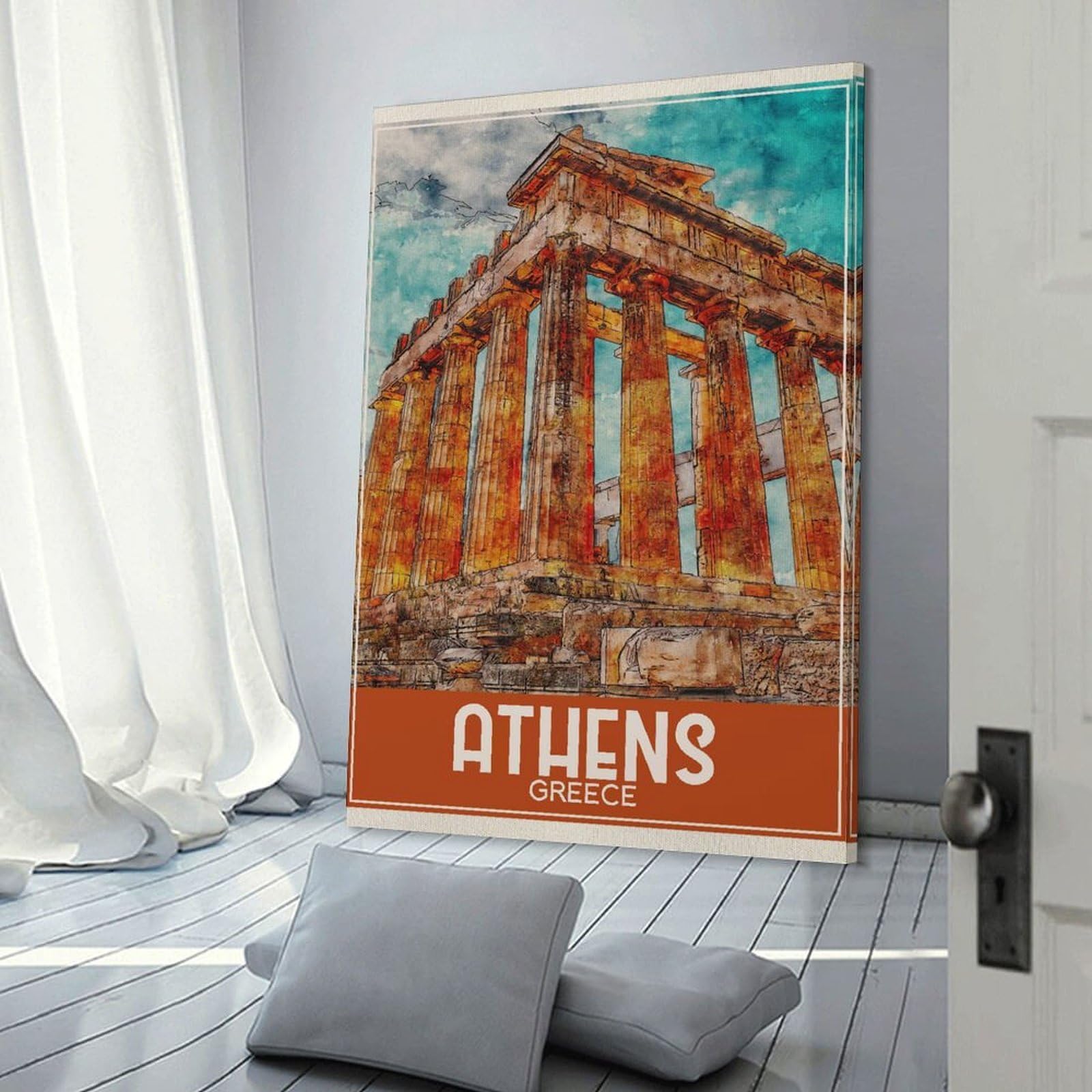 Junmoney Travel Art Athens Greece Canvas Art Print 24x36inch(60x90cm), for Entrance Spaces, Stair Walls Or Halls, Wall Decor to Refresh Empty Corners