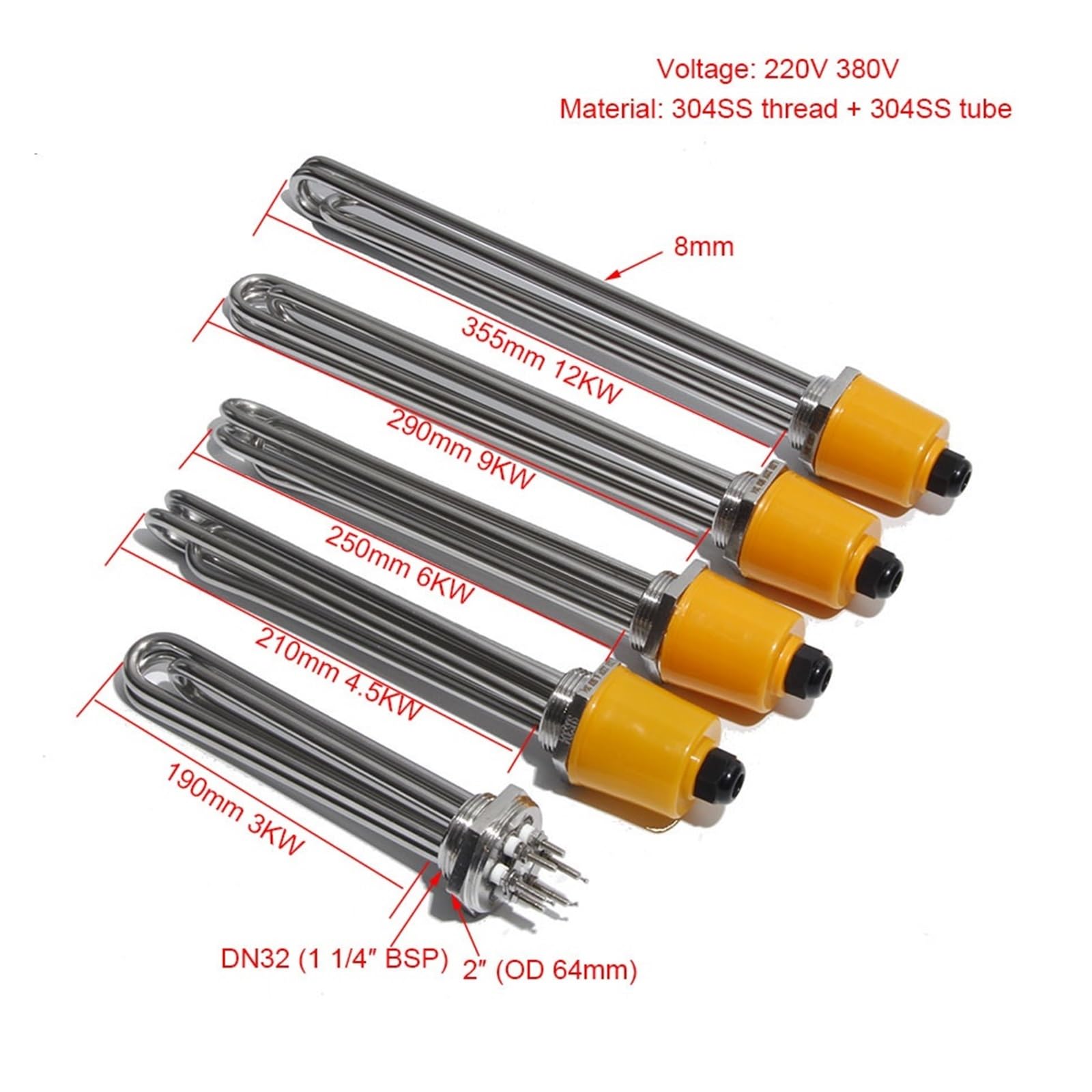 Resistenza per scaldabagno, Elemento riscaldante ad immersione in acciaio inossidabile DN32 1,25 pollici BSP 304 220 V/380 V 3-12 KW L190-355 mm(With Ground Screw,380V-12KW)