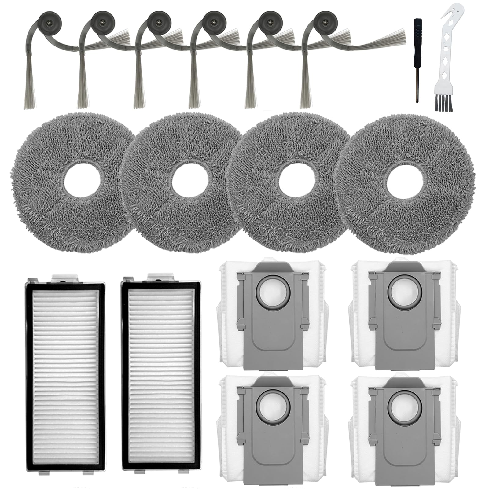 18Pcs Vacuum Replacement Part for Roborock Saros Z70 Sweeping Robot, 2 HEPA Filter 4 Mop Pad 4 Dust Bag 6 Side Brush 2 Cleaning Tool