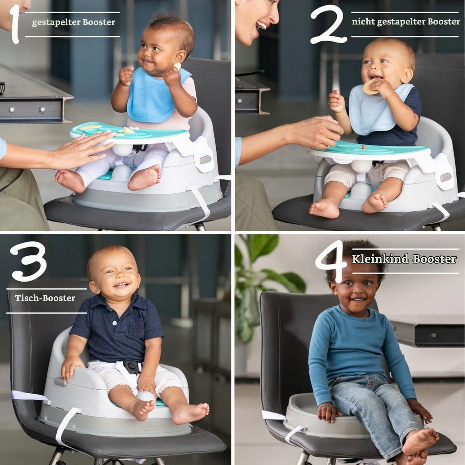 Infantino Grow-With-Me 4-in-1 Babystuhl – mitwachsend, platzsparendes Boostersitz Design, nutzbar als Sitzerhöhung für Babys ab 4 Monaten oder als Kinderstuhl ab 3 Jahren, türkis