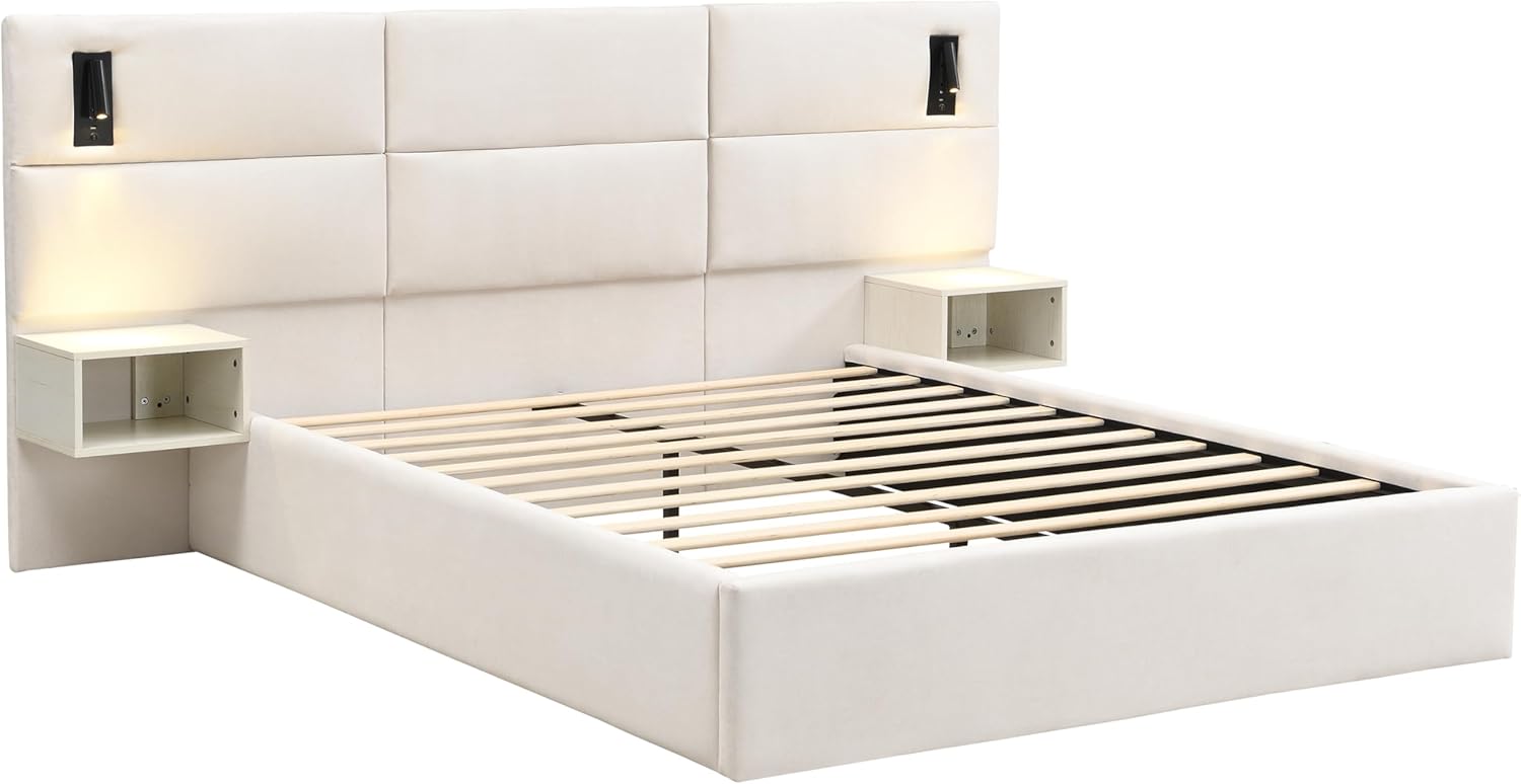 Christopher Knight Home Tula Upholstered Queen Size Bed Frame with Reading Lights and Side Shelves, Modern Queen Bed Frame with Headboard, Wooden Slats, Easy Assembly, No Box Spring Needed, White