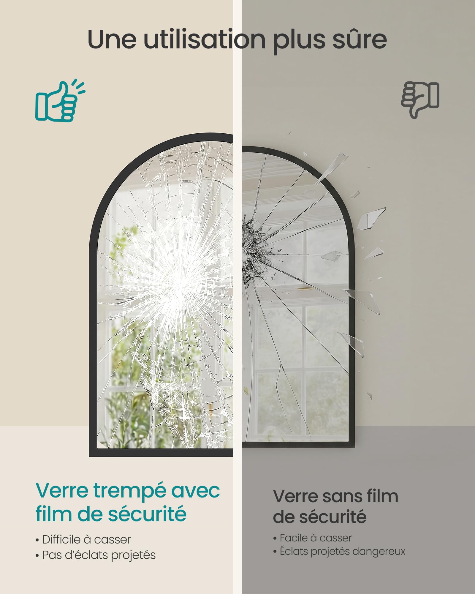 SONGMICS Miroir Salle de Bain, Miroir Mural Arqué, Cadre en Aluminium, 40 x 30 cm, avec Film de Sécurité, Montage Facile, pour Salon, Chambre, Salle de Bain, Noir d'encre LWM013BD01