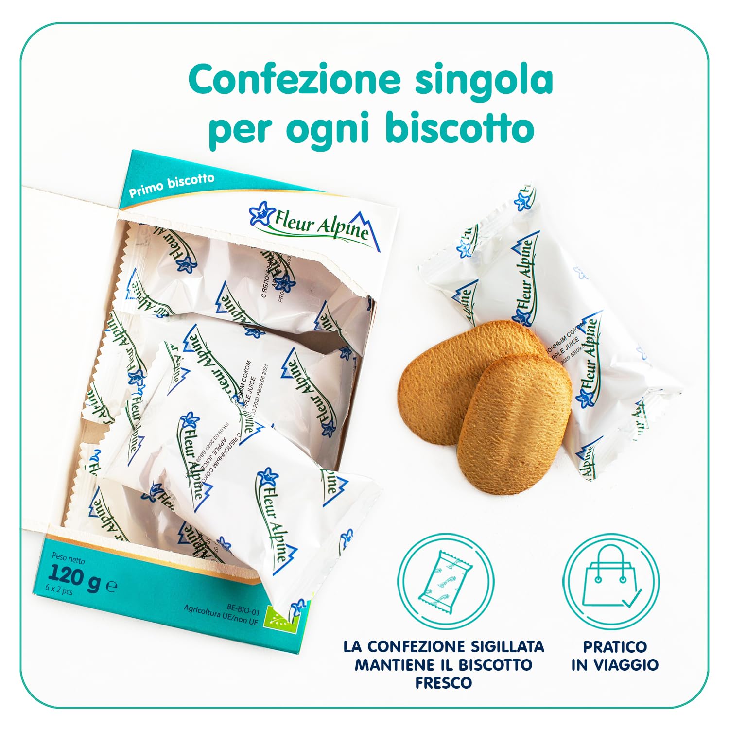 FLEUR ALPINE Biscotti Baby con Succo di Mela, 3x120g I Snack Alimento Completo per Bambini dai 6 Mesi in Su I Snack Fette Biscottate Integrali senza Zuccheri Aggiunti I 18x2 Biscotti