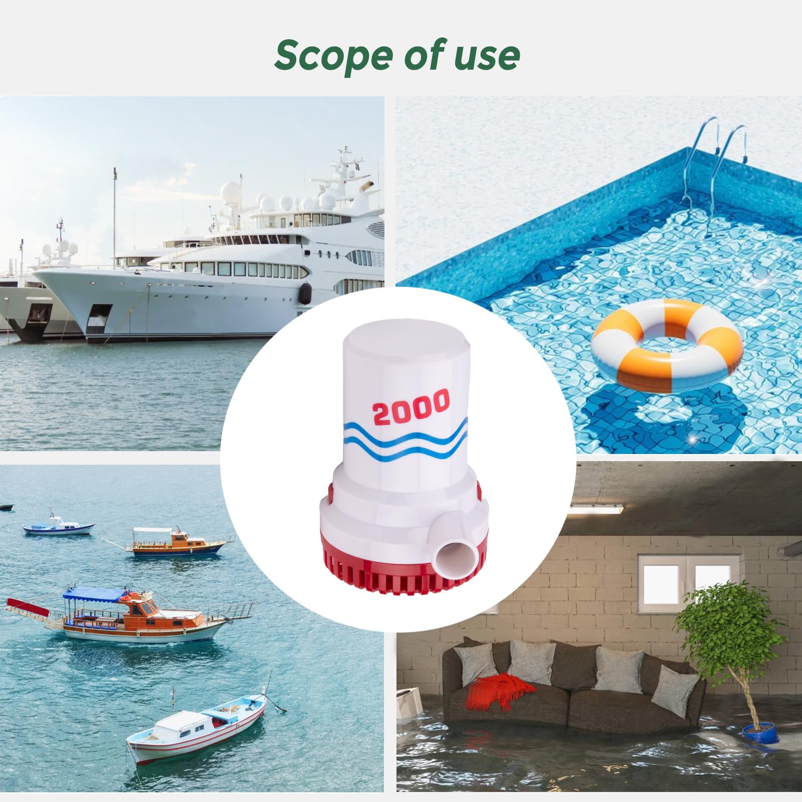 Bomba de achique sumergible de 12 V de 2000 GPH para barco marino | Carcasa resistente a la corrosión. Diseño totalmente sumergible.