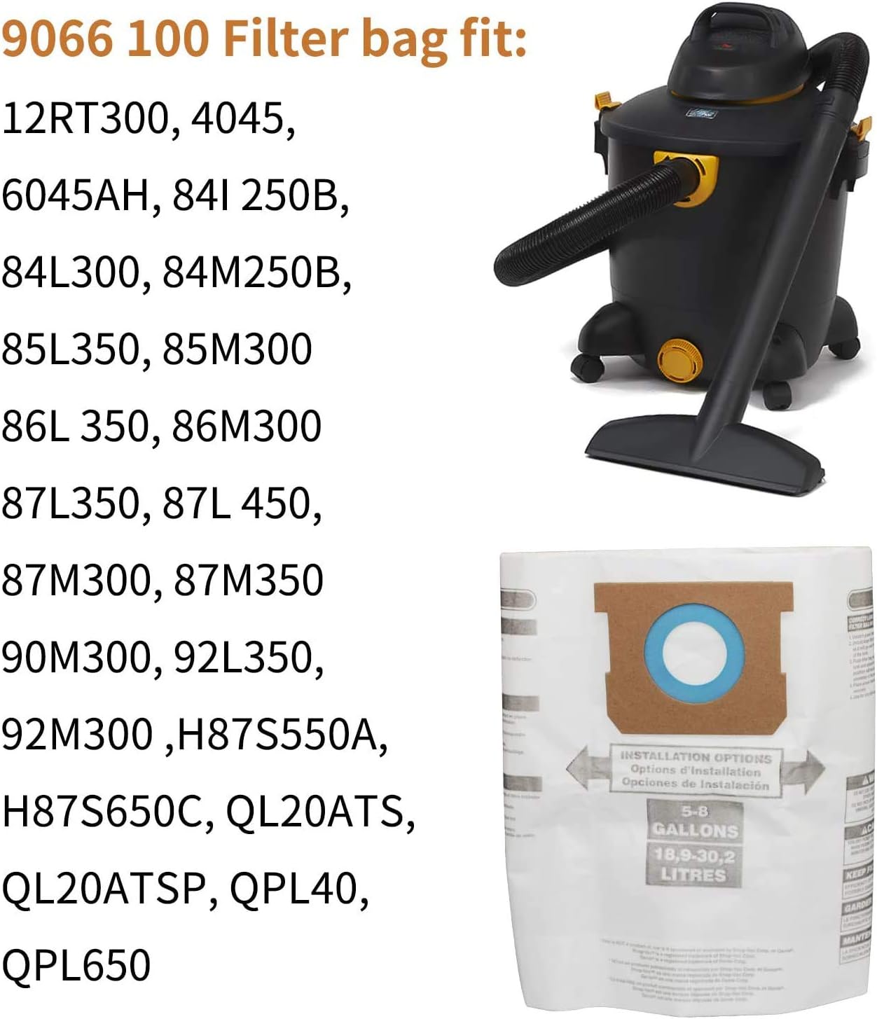 Replacement Filter Bags for Shop Vac Bags 5-8 Gallon Disposable Collection Filter Bags, Part #Type E 90661 906-61 9066100 / Type H 90671 9067100 10 Pack : Home & Kitchen