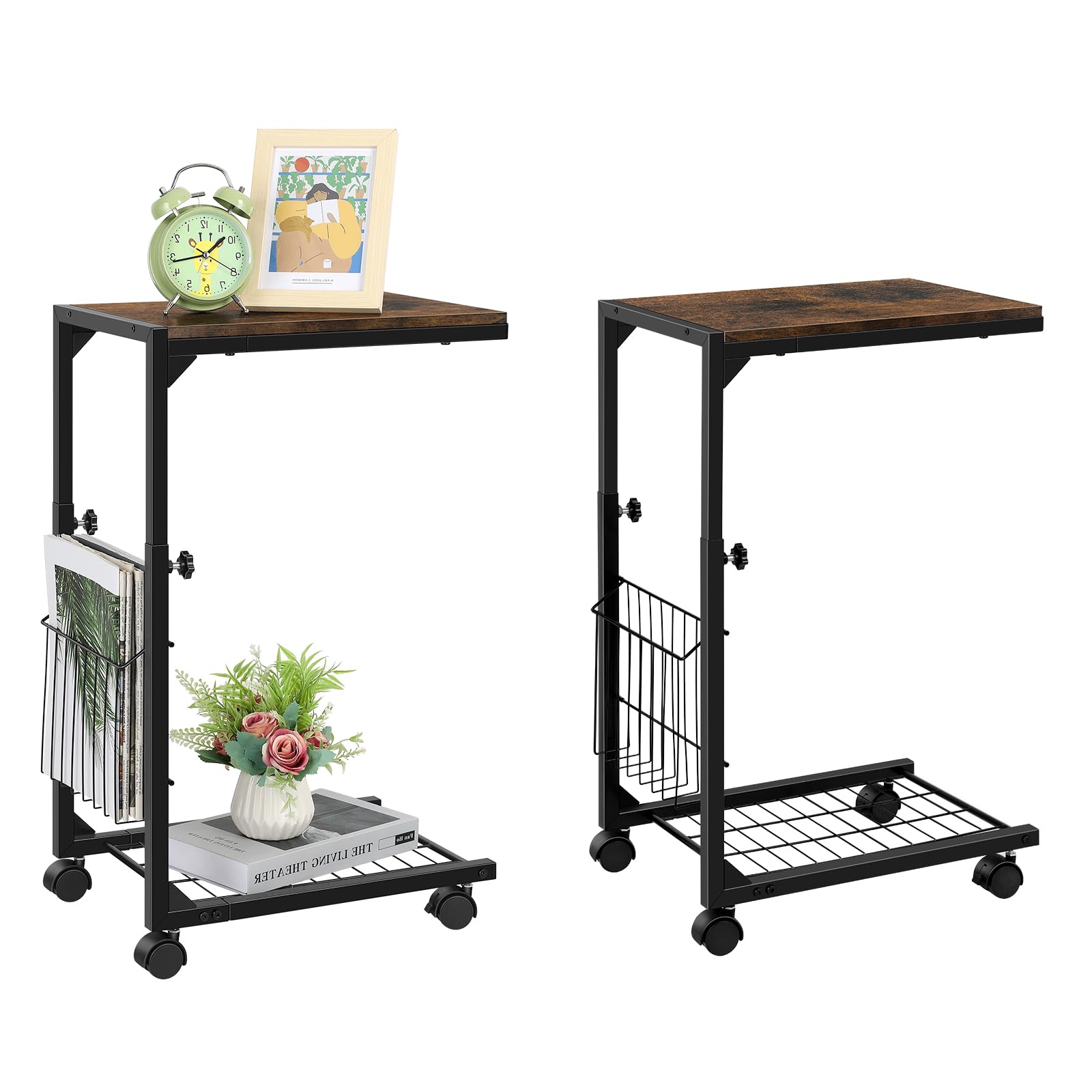 C Table Set of 1 C Shaped Side Table Adjustable Height Small Couch Table That Slide Under Bed Sofa End Table with Wheels for Living Room Bedroom, Rustic Brown