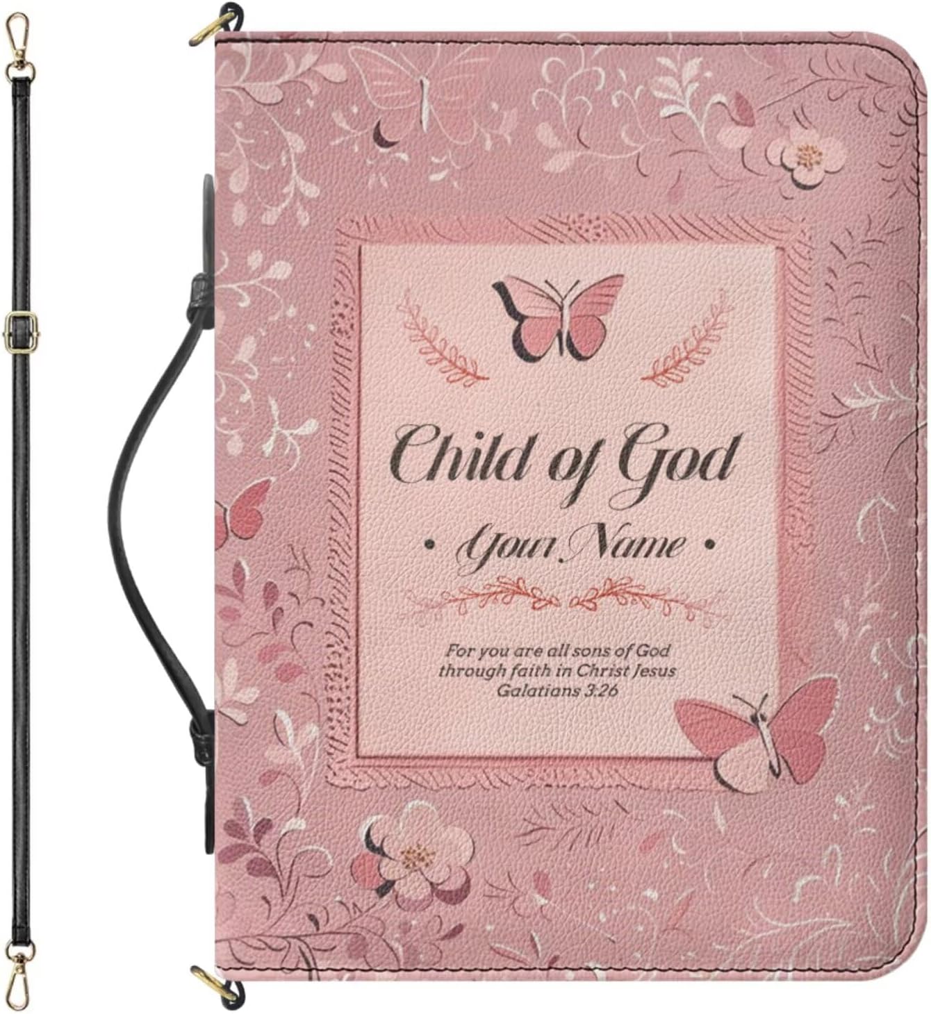 Personalized Bible Cover with Custom Name, Pink Bible Case with Strap and Handle, 3D Aesthetic Floral Print Book Organizer with Inner Pockets and Pen Loop, Biblia Study Supplies for Girls, XL