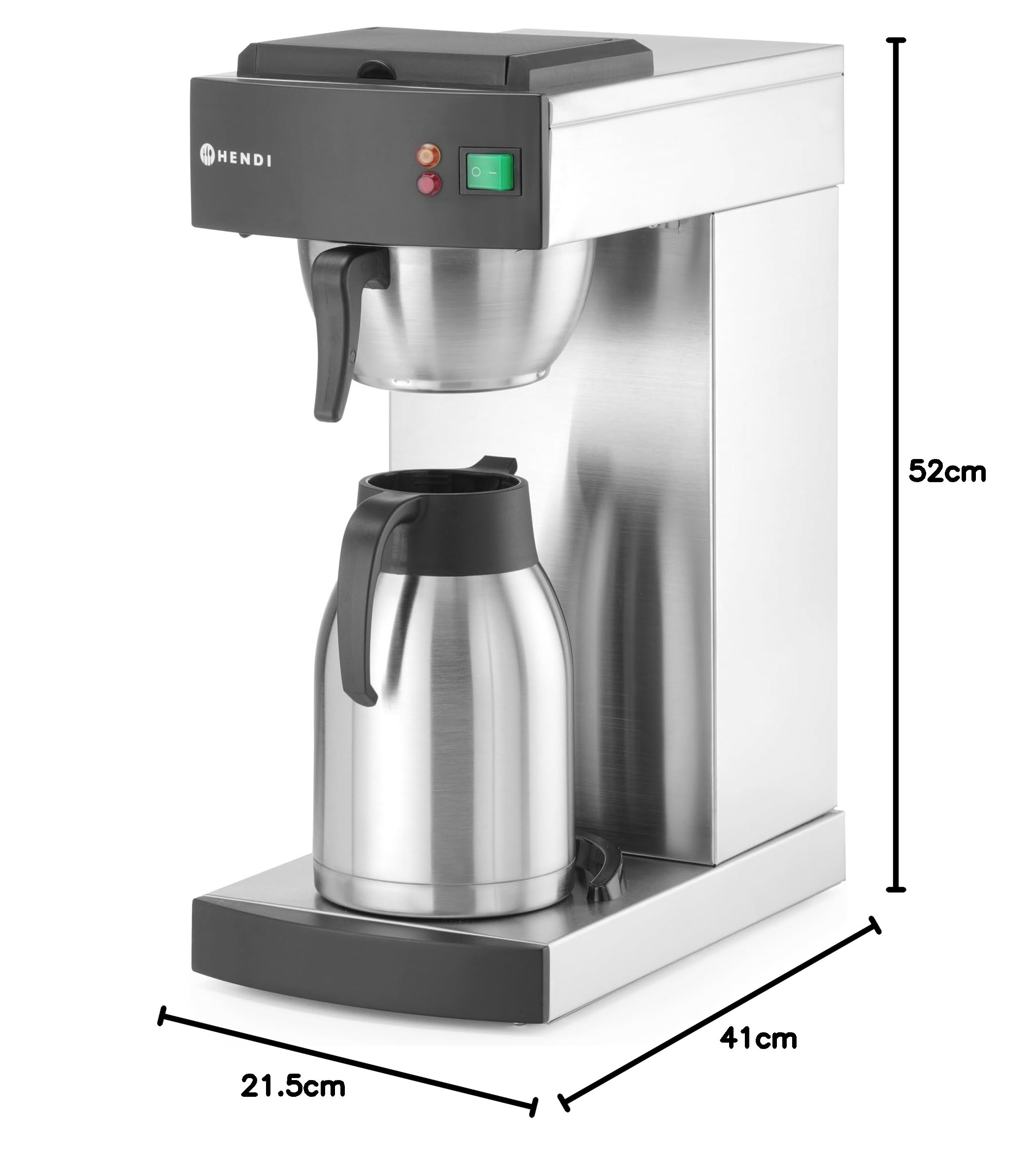 HENDI Cafetera de goteo, eléctrica, para café molido de filtro, incluye 100 filtros de papel y 1 jarra térmica de 2L, cafetera de filtro, 230V, 1400W, 215x410x(H)520mm, acero inoxidable