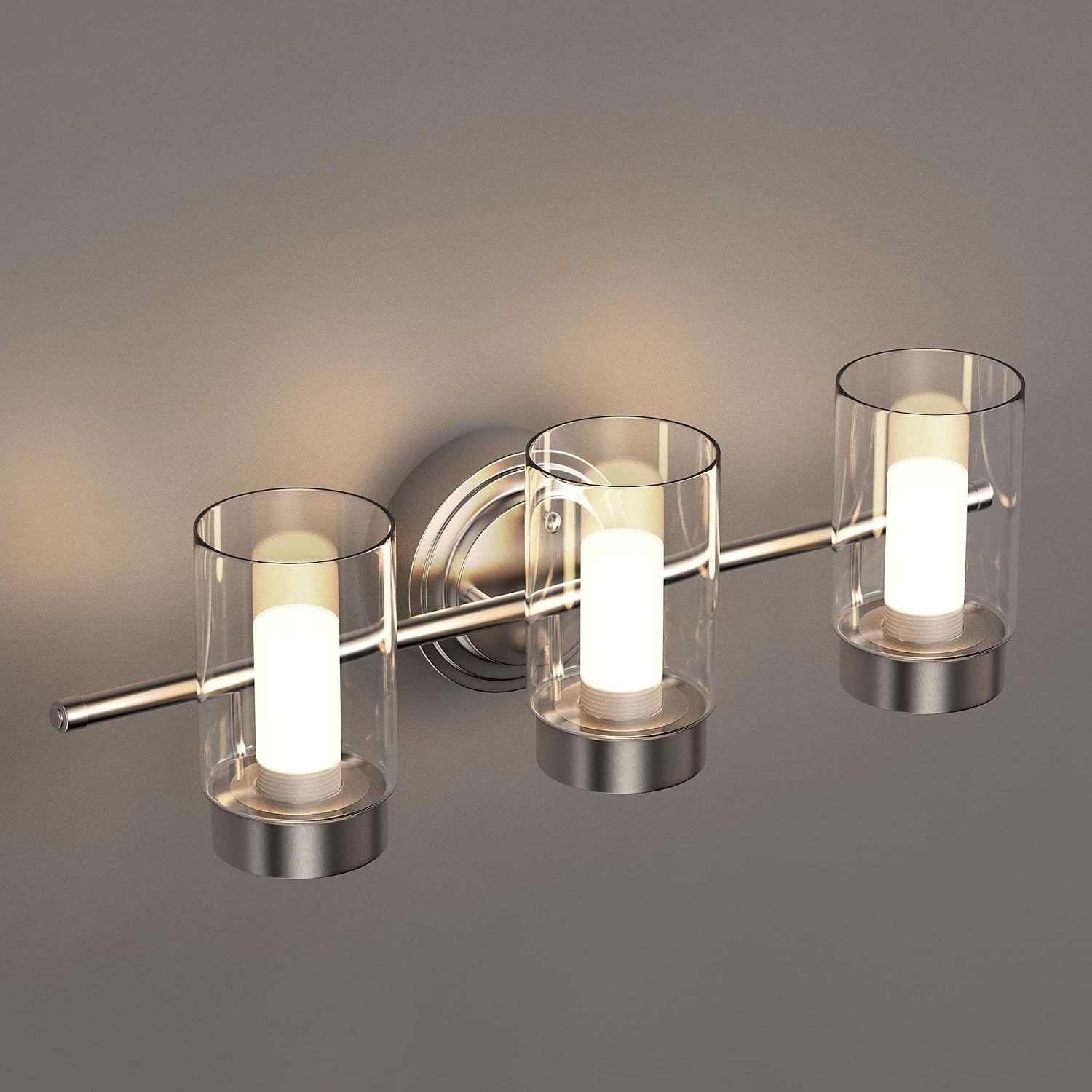 LEDMyplace 3-Lights Modern LED Bathroom Vanity Light Over Mirror 25W, 4000K Cool White, 1600 Lumens, Dimmable Wall Lamp for Living Room, Brushed Nickel Finish Clear Glass Shade Decorative Lights