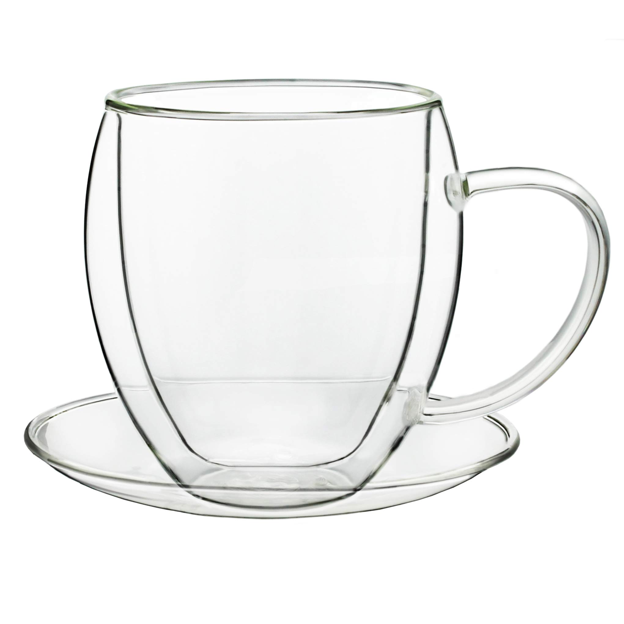 Creano Set di 6 Tazze Termica in Vetro a Doppia Parete, Tazza in Vetro con Manico e Sottobicchiere | 250ml in Esclusiva Confezione Regalo
