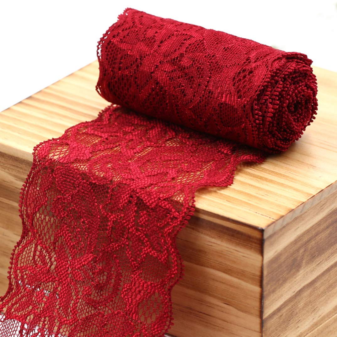 Cinta elástica con estampado Floral de LICRA con adorno de encaje for decoraciones de boda, envoltura for hacer lazos for el cabello(Burgundy)