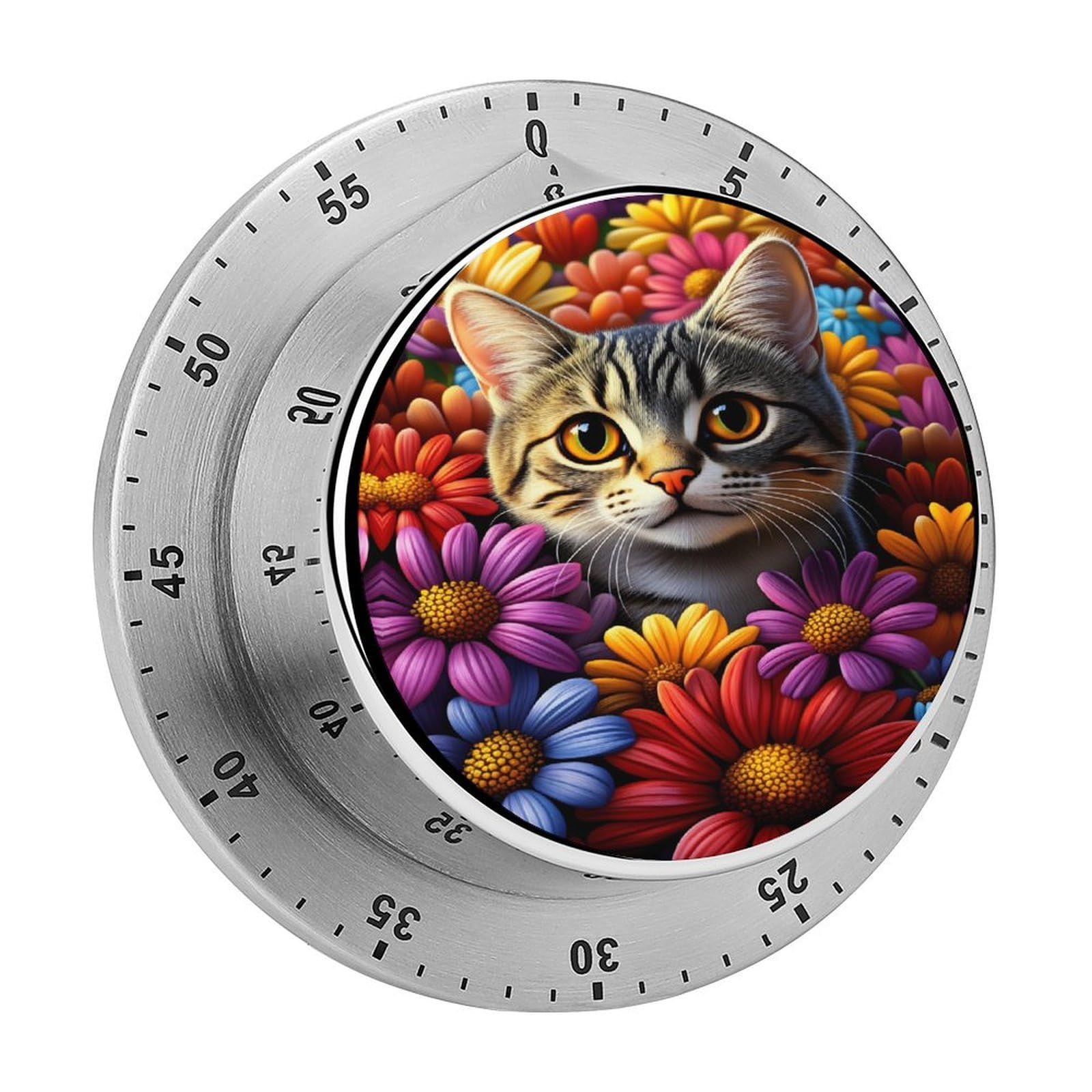 Tabby Cat Daisy Floral 60 Minute Wind Up Timer,Visual Mechanical Magnetic Timer with Loud Alarm for Kitchen