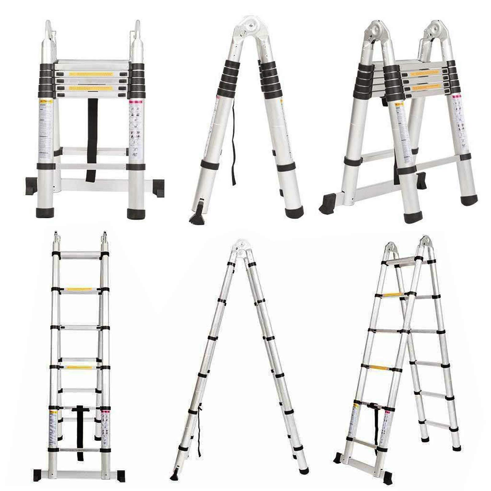 Alu Teleskopleiter 3,8M klappleiter 1,9M+1,9M A Rahmen Leiter mit Stützstange 12 sprossen Aluleiter Ausziehbar Schiebeleitern rutschfest EN131 Mehrzweckleiter belastbar bis 150 kg