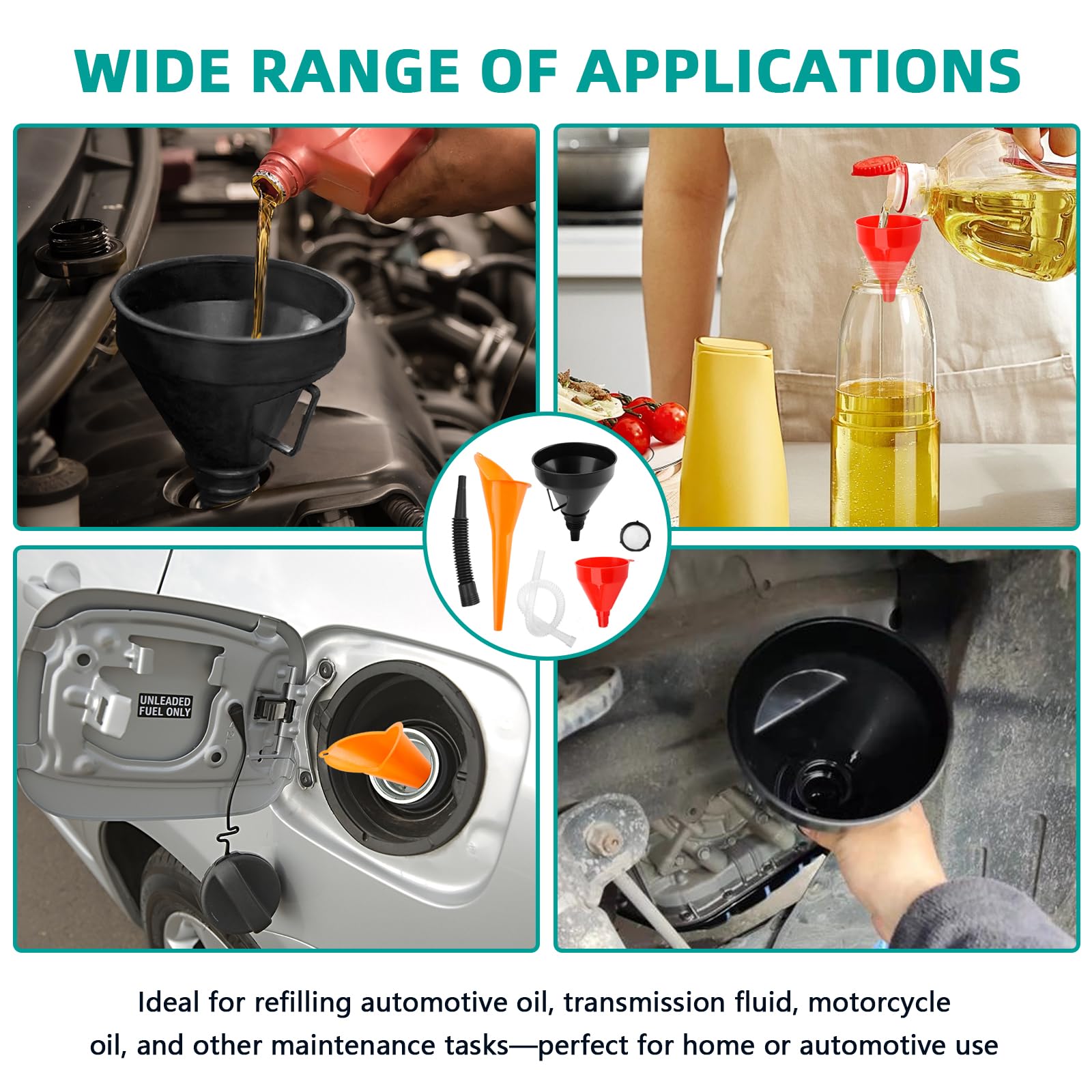 3Pcs Flexible Plastic Funnel Set,Wide Mouth Fuel Funnels,Flexible Right Angle Funnels with Detachable Spout and Filter,Long Mouth Funnel for Car, Motorcycle & Kitchen Gasoline Petrol Engine — view 7
