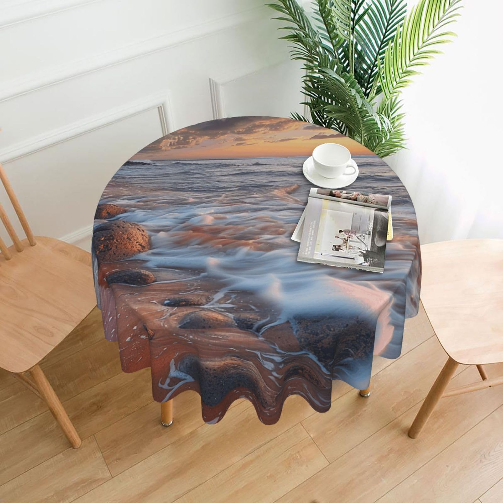 WPKJU Beach Maui Hawaii Sunset Sea Waves Clouds Printed Round Tablecloth 60 in Water Resistant Table Cover Washable Table Cloth for Dining Tables