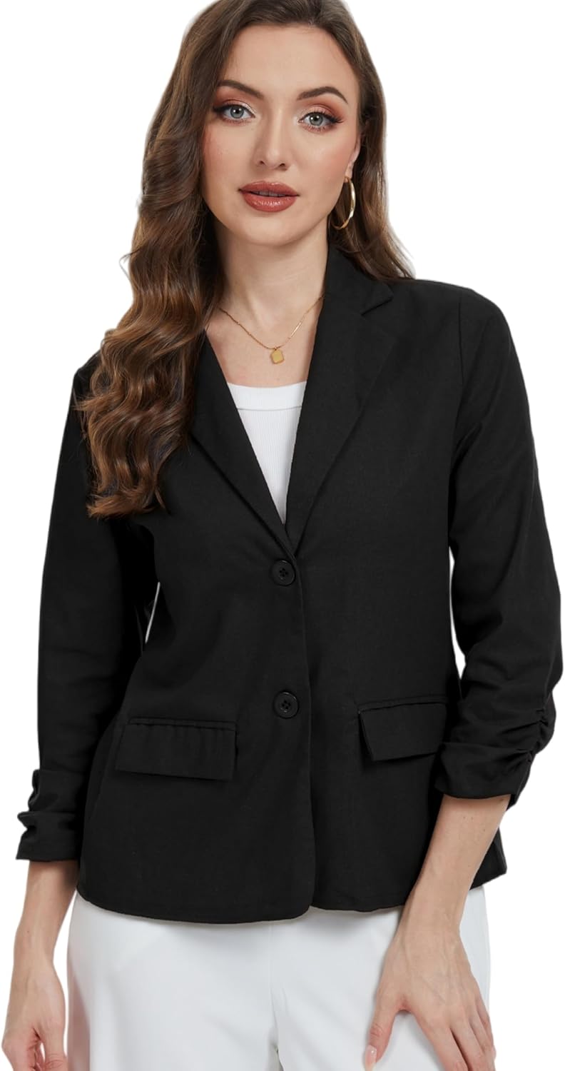 Women's Linen Blazer Jacket 2025 Lightweight Button Lapel Casual 3/4 Ruched Sleeves Work Office Jackets