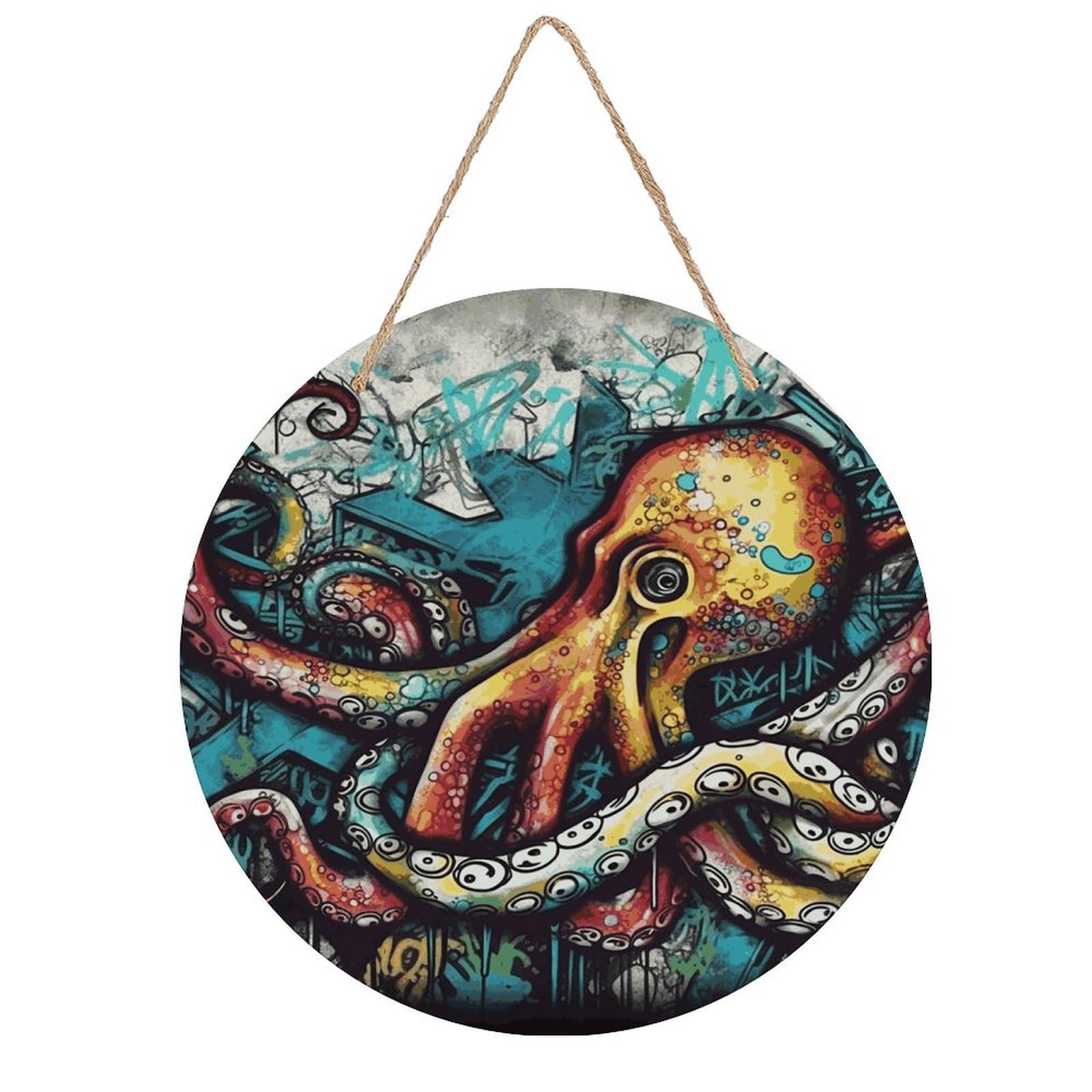 FekiLoot Color Graffiti Octopus Wall Art Decor Round Wood Hanging Sign Decoration Wooden Circle Door Sign Round Hanging Decorative Wood Plaque Door Hanger for Home Outdoor Indoor Decoration