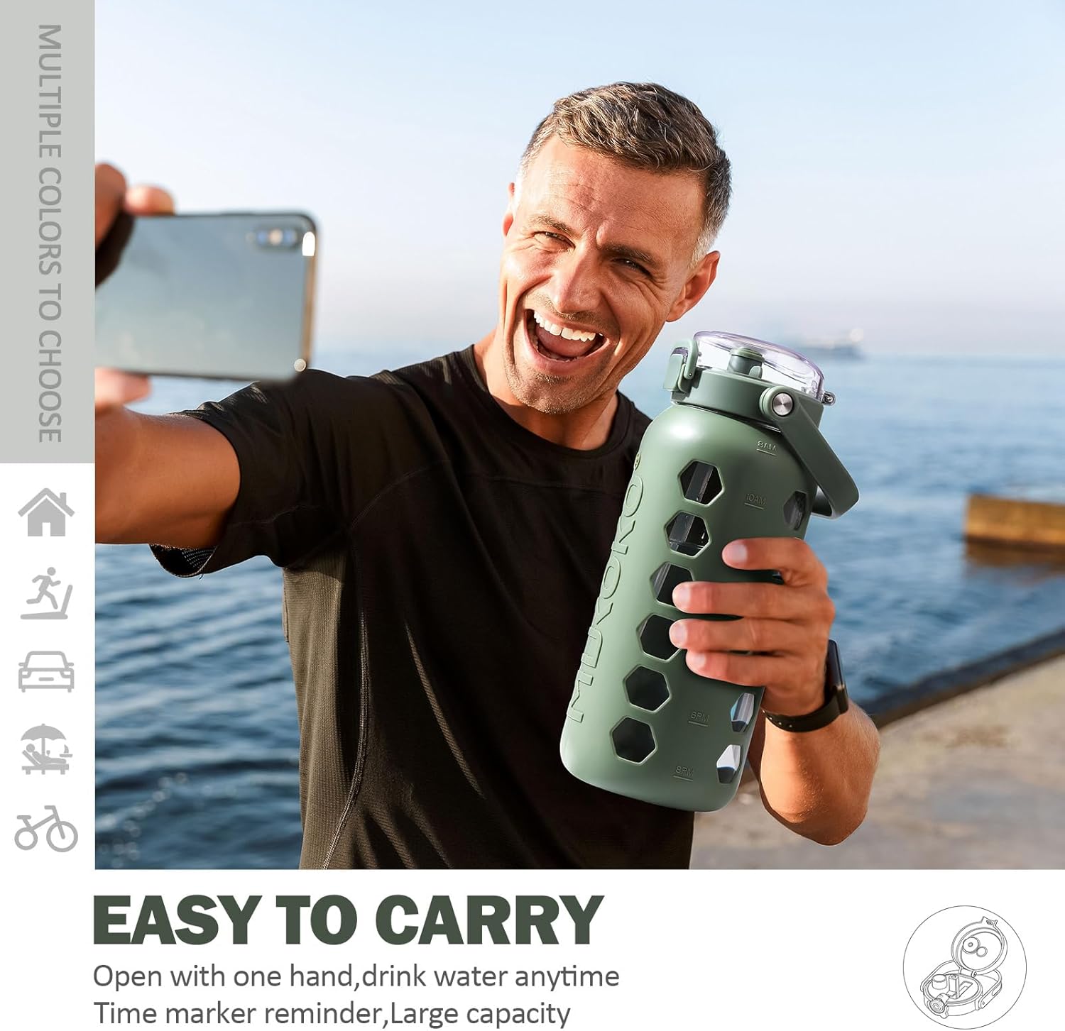 MUKOKO Half Gallon/64 oz Glass Water Bottles with Straw and Lid,Motivational Water Jug with Time Marker Reminder and Silicone Sleeve,100% Leakproof BPA Free Fitness Sports Large Bottle-Olive - Image 6