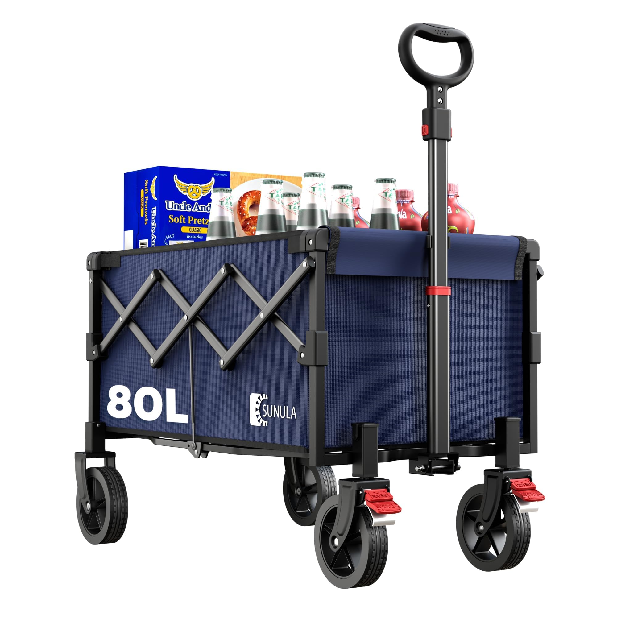 SUNULA Bollerwagen Faltbar Klein 80L 100KG, Faltbarer Handwagen, Klappbarer Faltbollerwagen mit Halbiertem Eigengewicht, Bollerwagen Geländegängig mit Bremsen, Blau