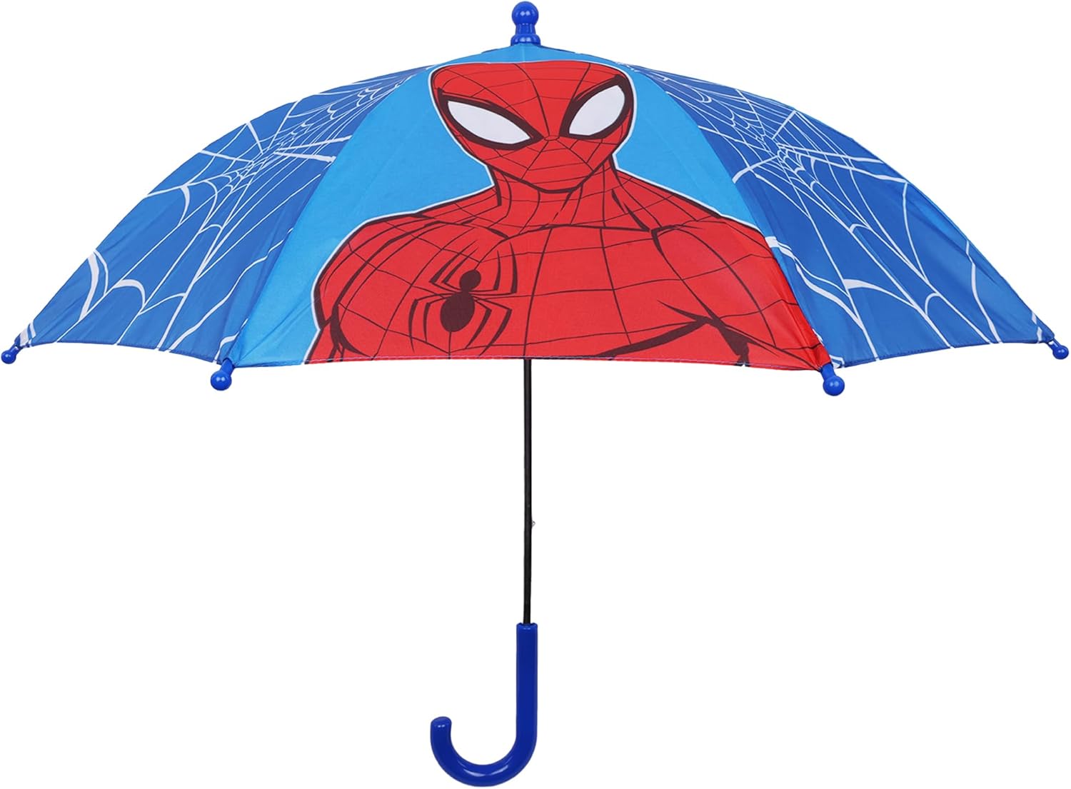 Marvel Spider-Man Kids Umbrella, Superhero Rain Umbrella with Web Graphic Panels and Curved Handle, Blue