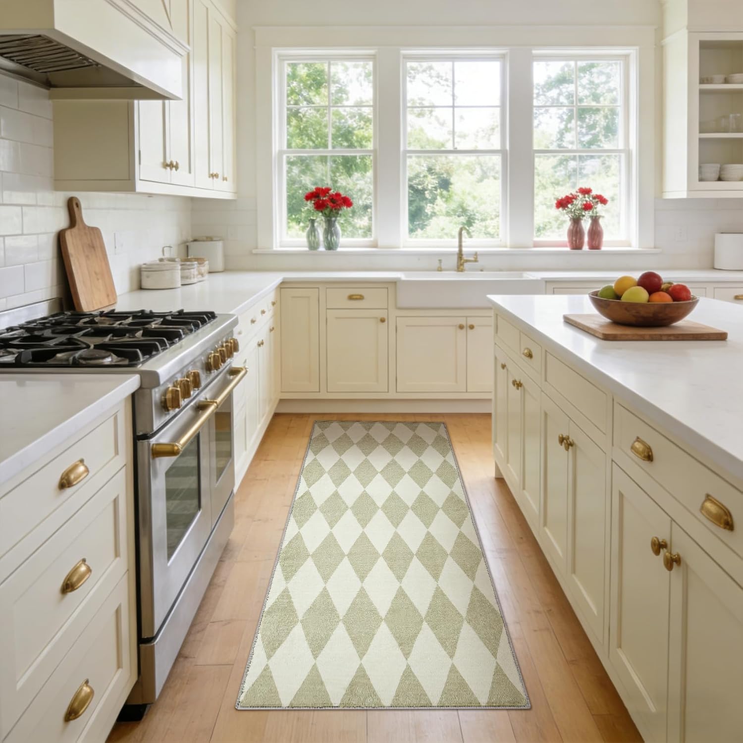 2x8 Checkered Rug Runners for Hallways,Low Pile Non-Slip Diamond Washable Kitchen Runner Rugs, Classic Neutral Gingham Decor Faux Wool Carpet for Bathroom Bedroom Entryway (Beige)
