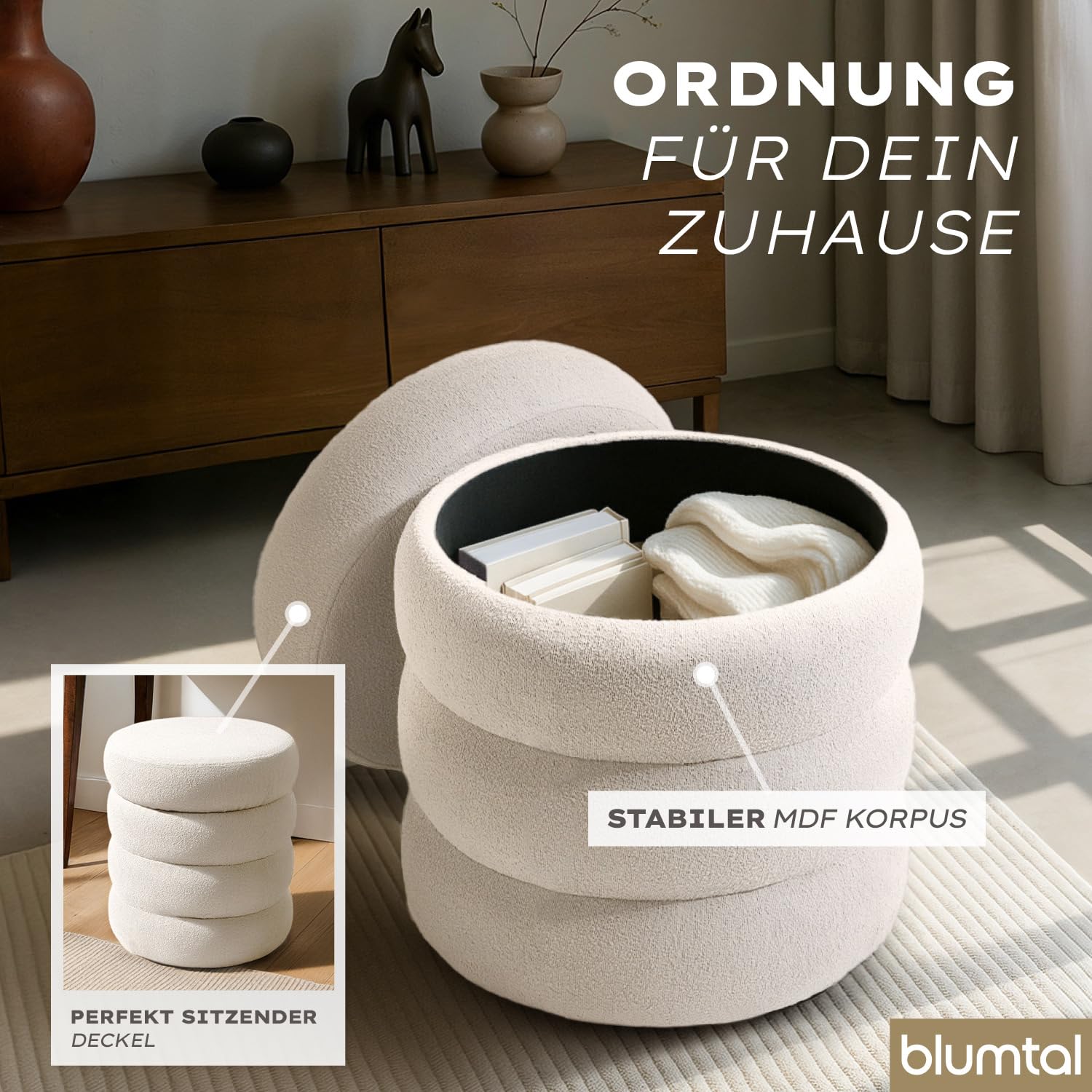 Blumtal Hocker mit Stauraum rund, Bouclé-Bezug - robuster Sitzhocker mit Stauraum & Bouclé-Stoff-Bezug 42 x 42 x 47 cm - kleiner Hocker Schminktisch - wunderschöner Bouclé-Look - Sitzhocker rund Creme