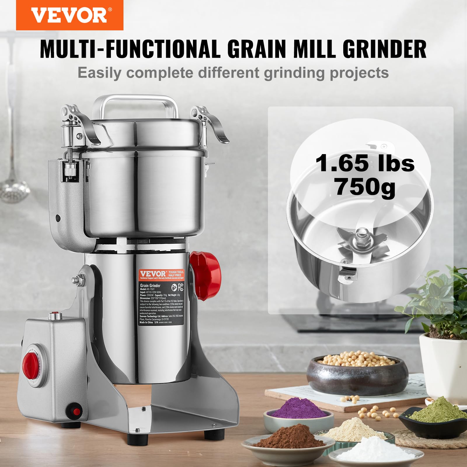 VEVOR 750g Mulino Elettrico per Cereali, Macina Spezie Commerciale Alta Velocità 2000 W, Macchina Polverizzazione in Acciaio Inox, per Cereali Secchi, Spezie, Caffè, Mais, Pepe, Tipo Oscillante